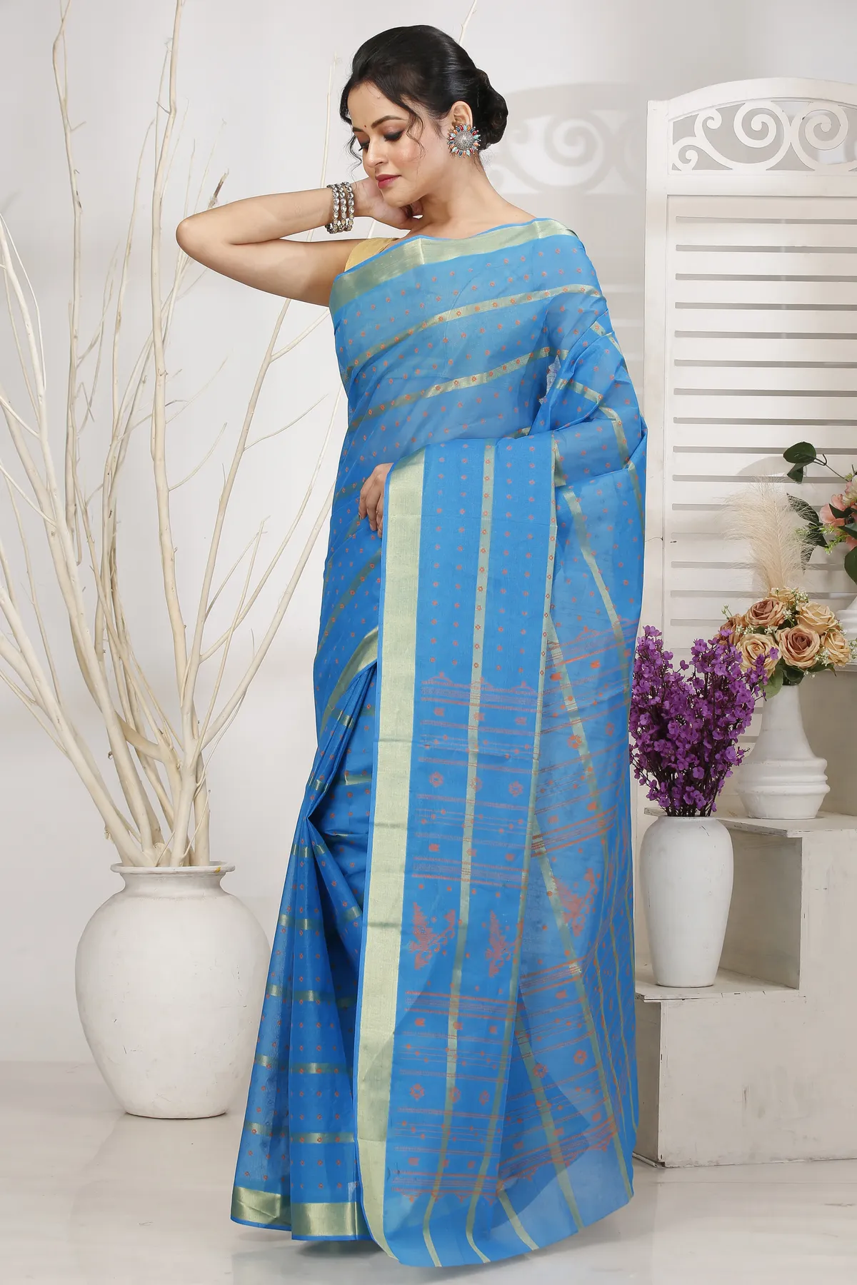 DipDiya Pure Cotton Sky Blue Mera Classic Bengali Tant Sarees
