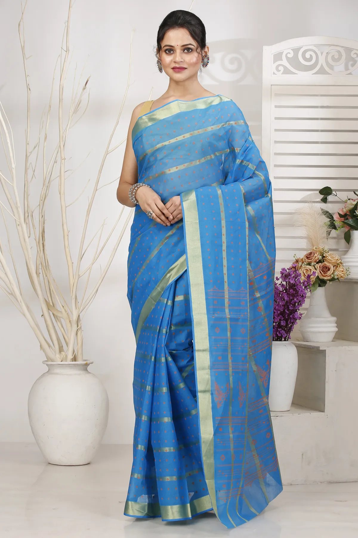 DipDiya Pure Cotton Sky Blue Mera Classic Bengali Tant Sarees