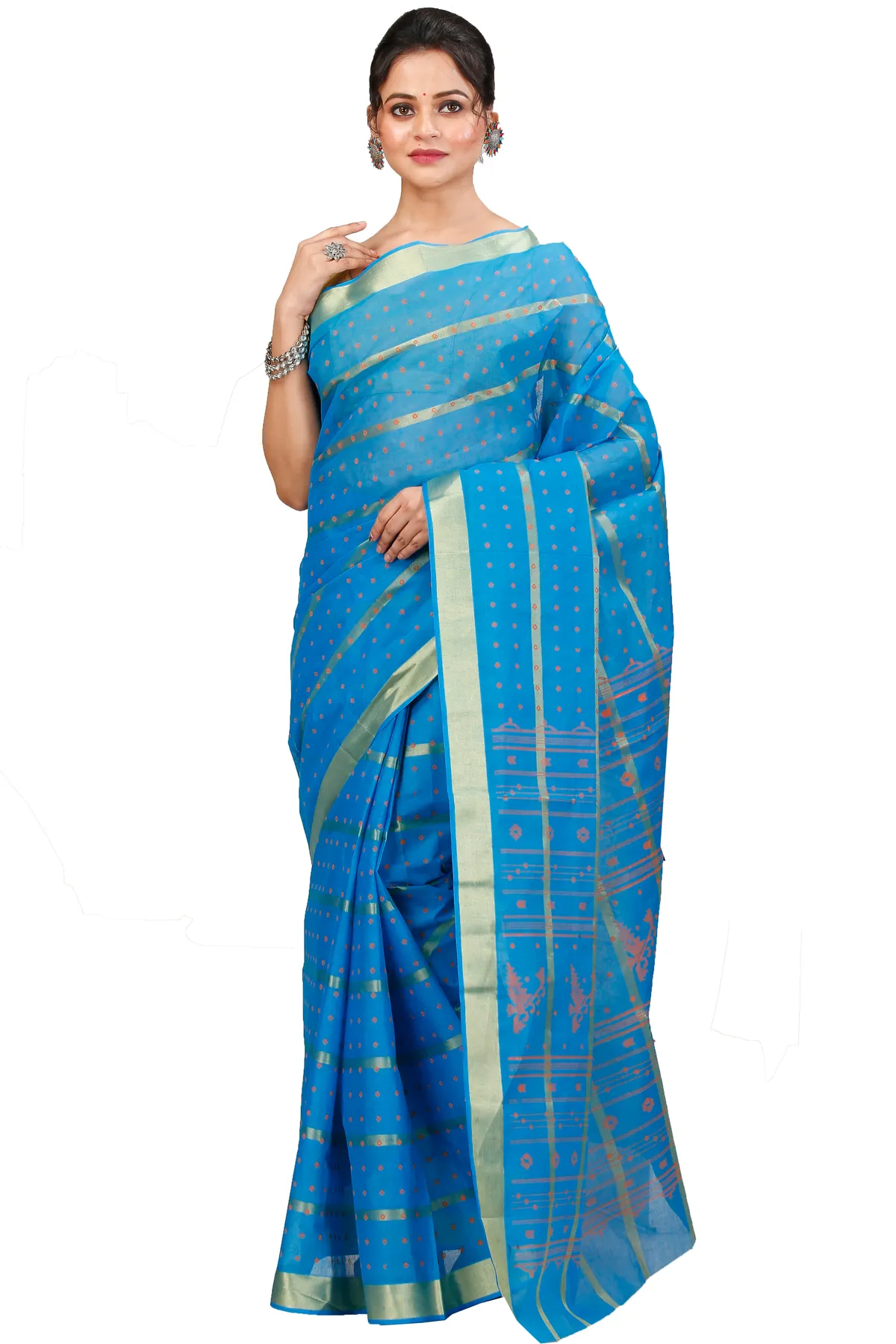DipDiya Pure Cotton Sky Blue Mera Classic Bengali Tant Sarees