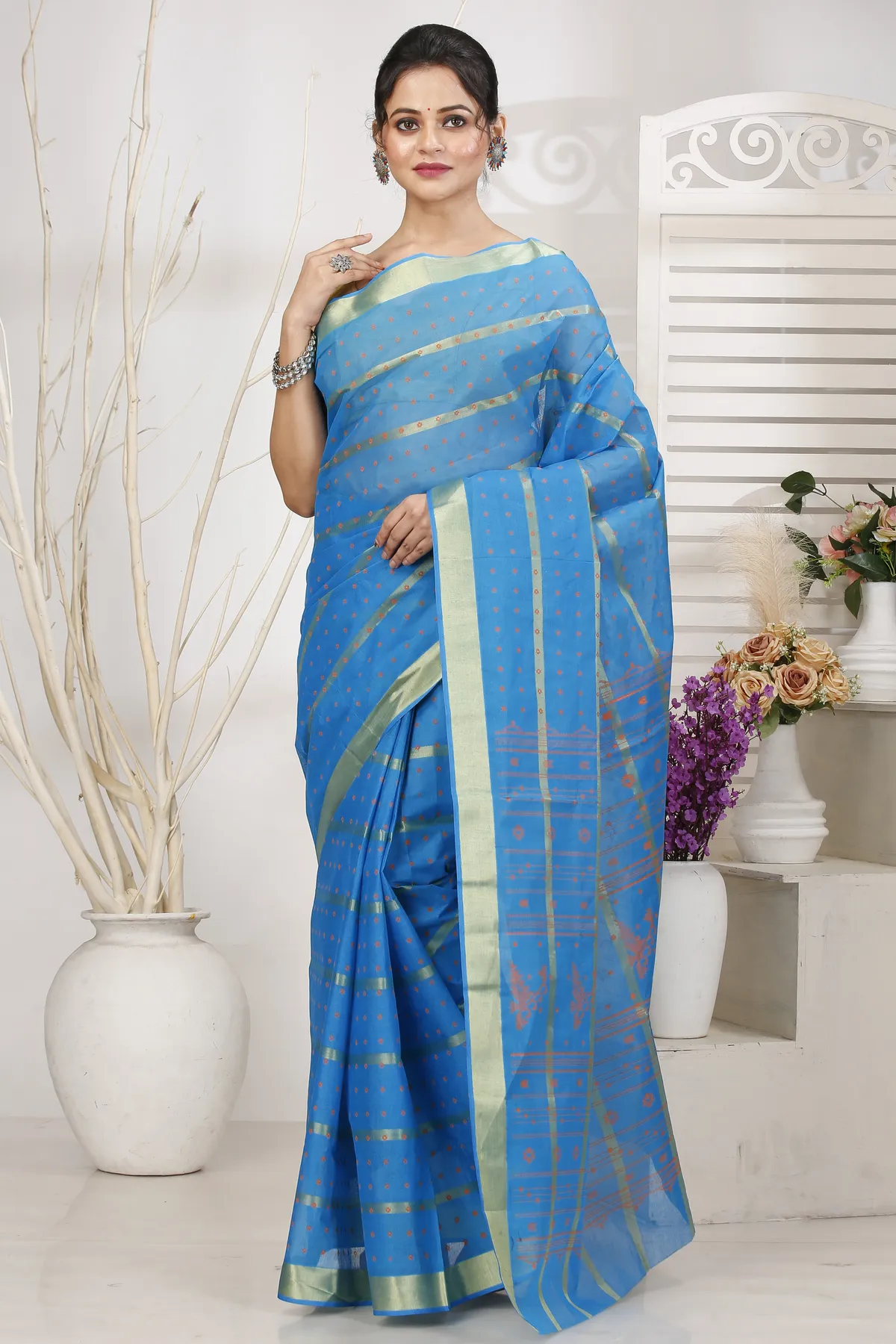 DipDiya Pure Cotton Sky Blue Mera Classic Bengali Tant Sarees