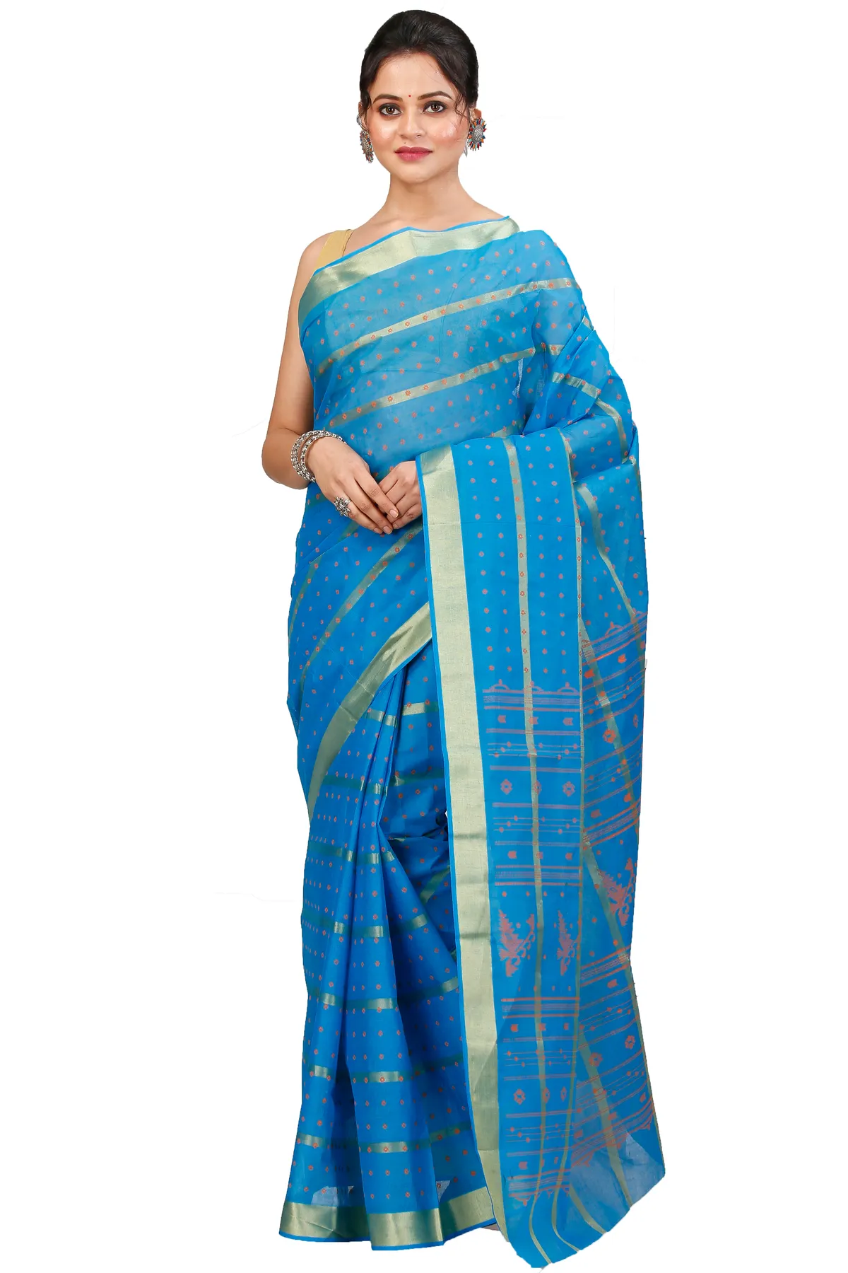 DipDiya Pure Cotton Sky Blue Mera Classic Bengali Tant Sarees