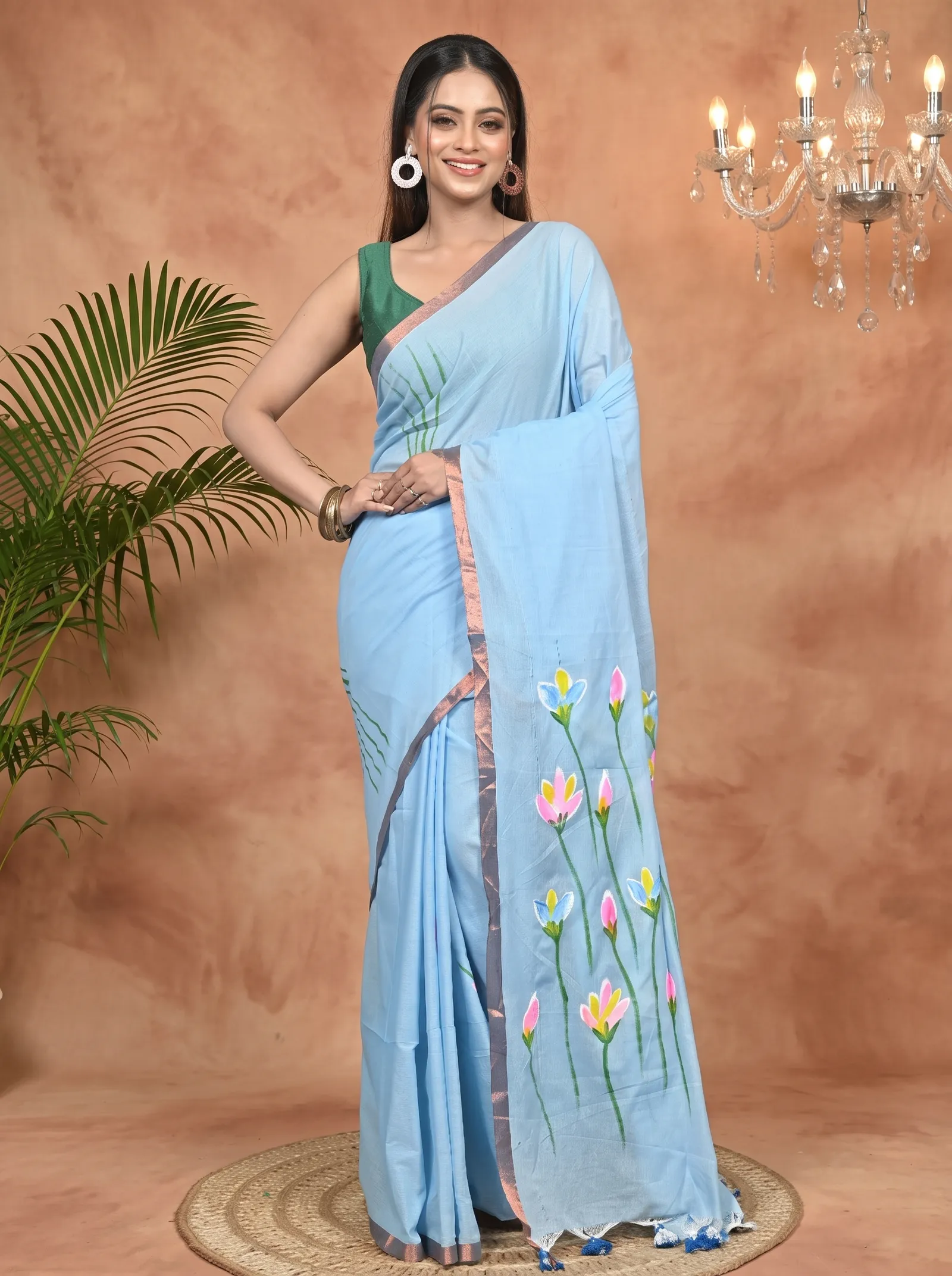 DipDiya Pure Cotton Sky Blue Norah Effortless Tradition Hand Painted Sarees