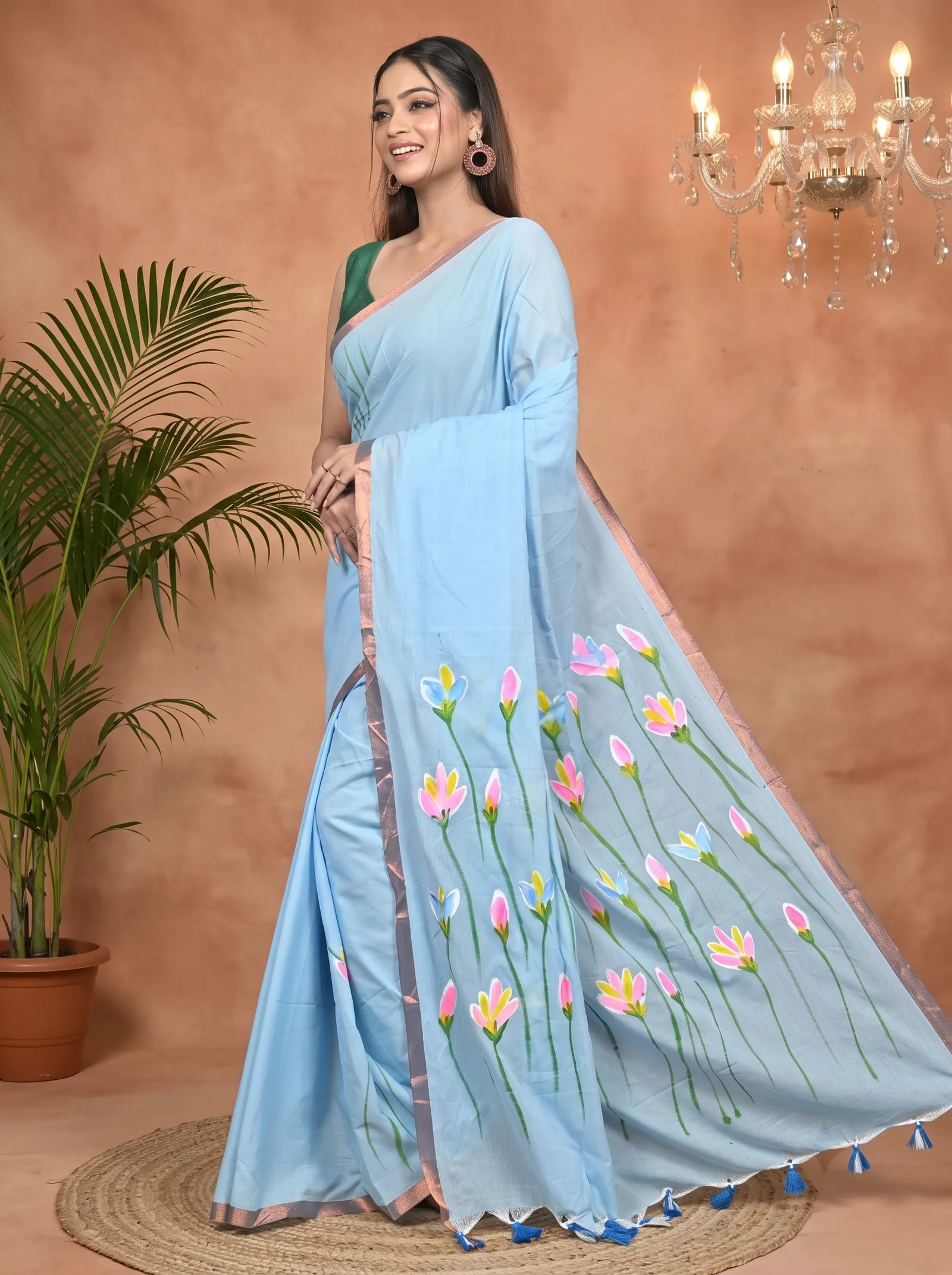 DipDiya Pure Cotton Sky Blue Norah Effortless Tradition Hand Painted Sarees
