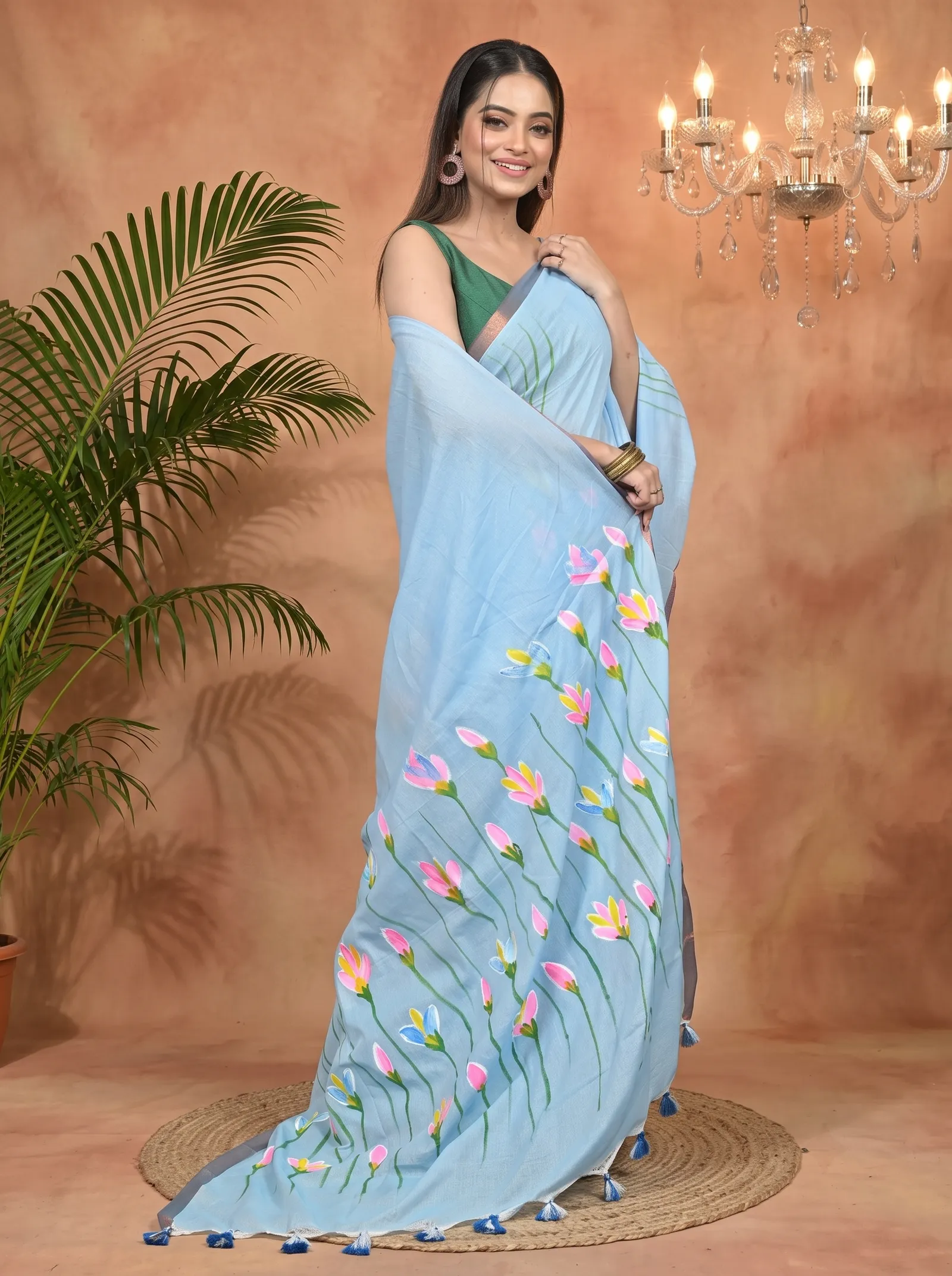 DipDiya Pure Cotton Sky Blue Norah Effortless Tradition Hand Painted Sarees
