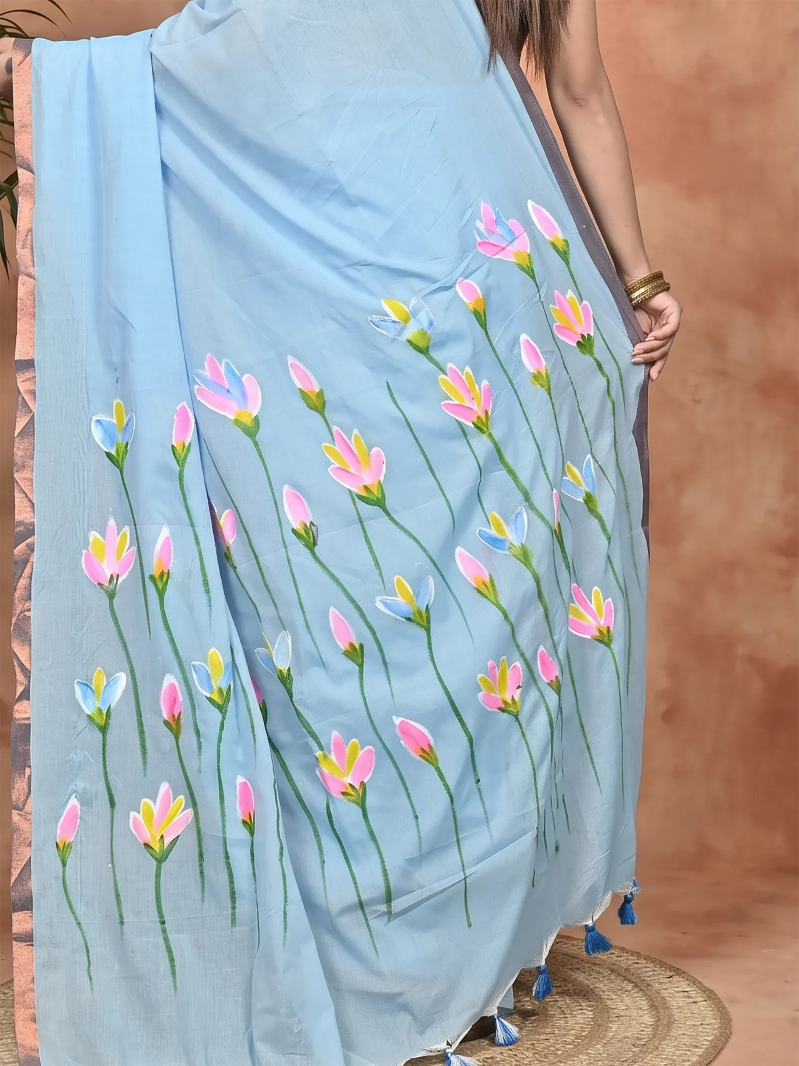 DipDiya Pure Cotton Sky Blue Norah Effortless Tradition Hand Painted Sarees