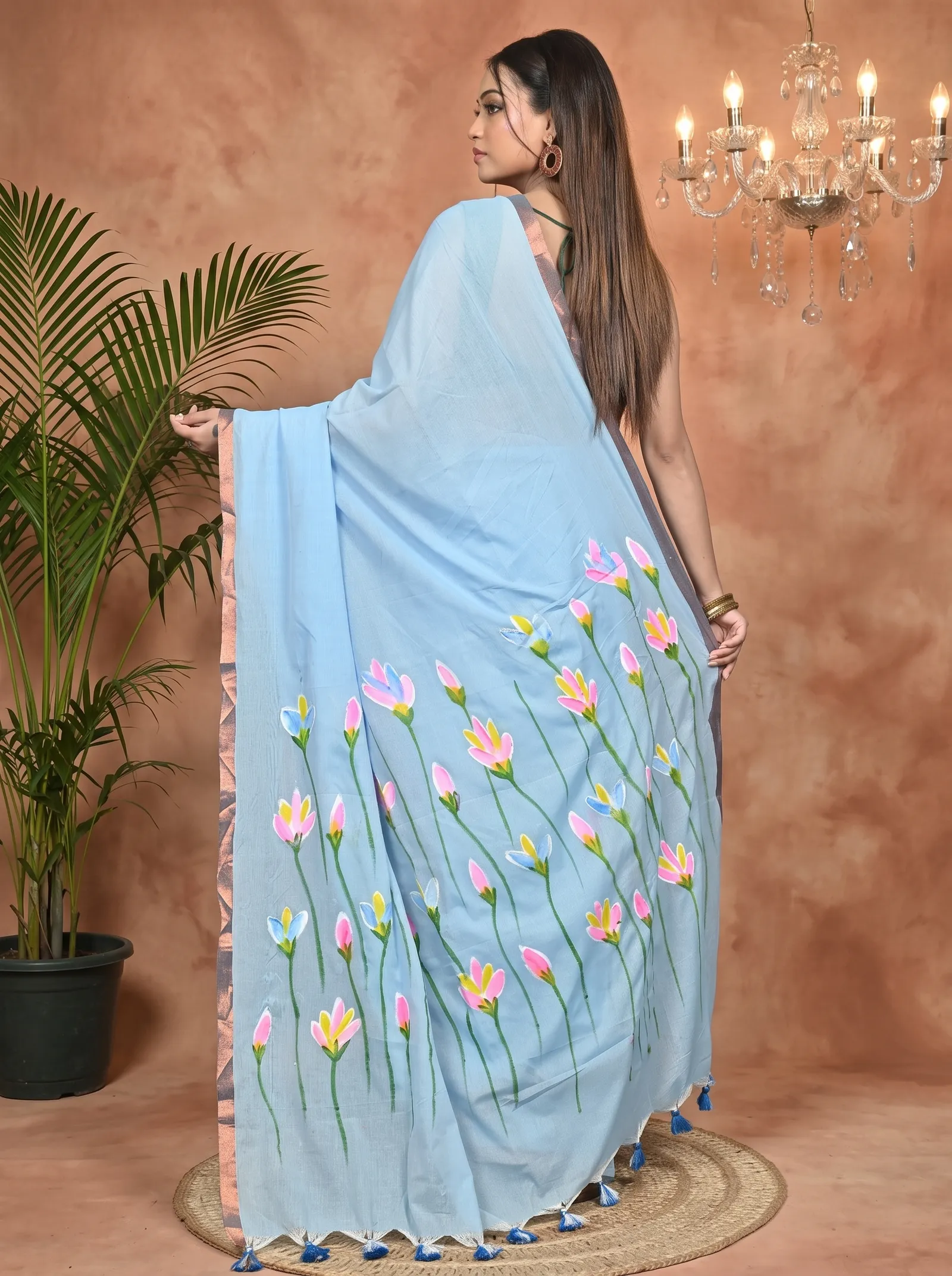 DipDiya Pure Cotton Sky Blue Norah Effortless Tradition Hand Painted Sarees