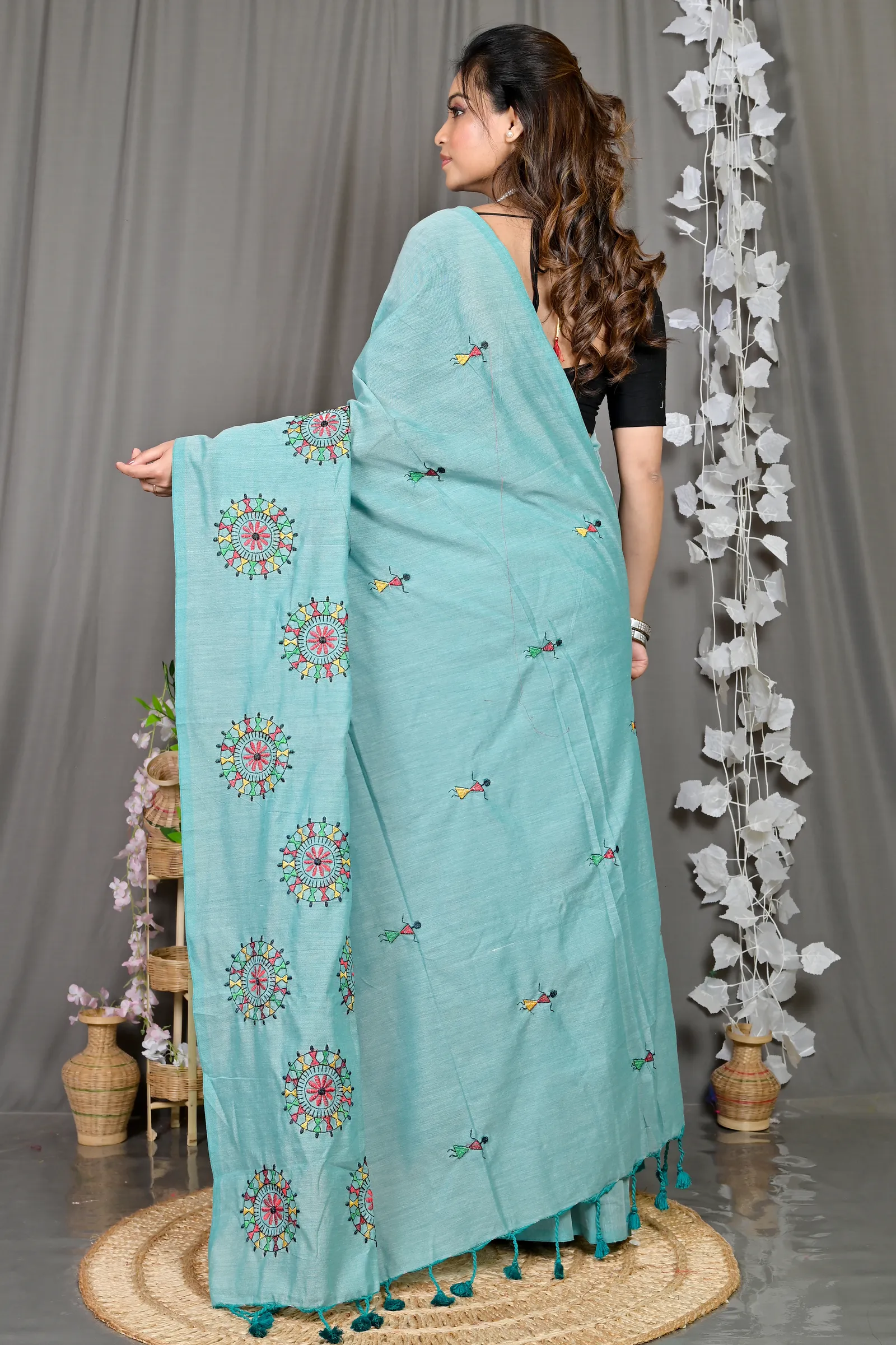 DipDiya Pure Cotton Sky Blue Parama Timeless Bengal Embroidery Handloom sarees