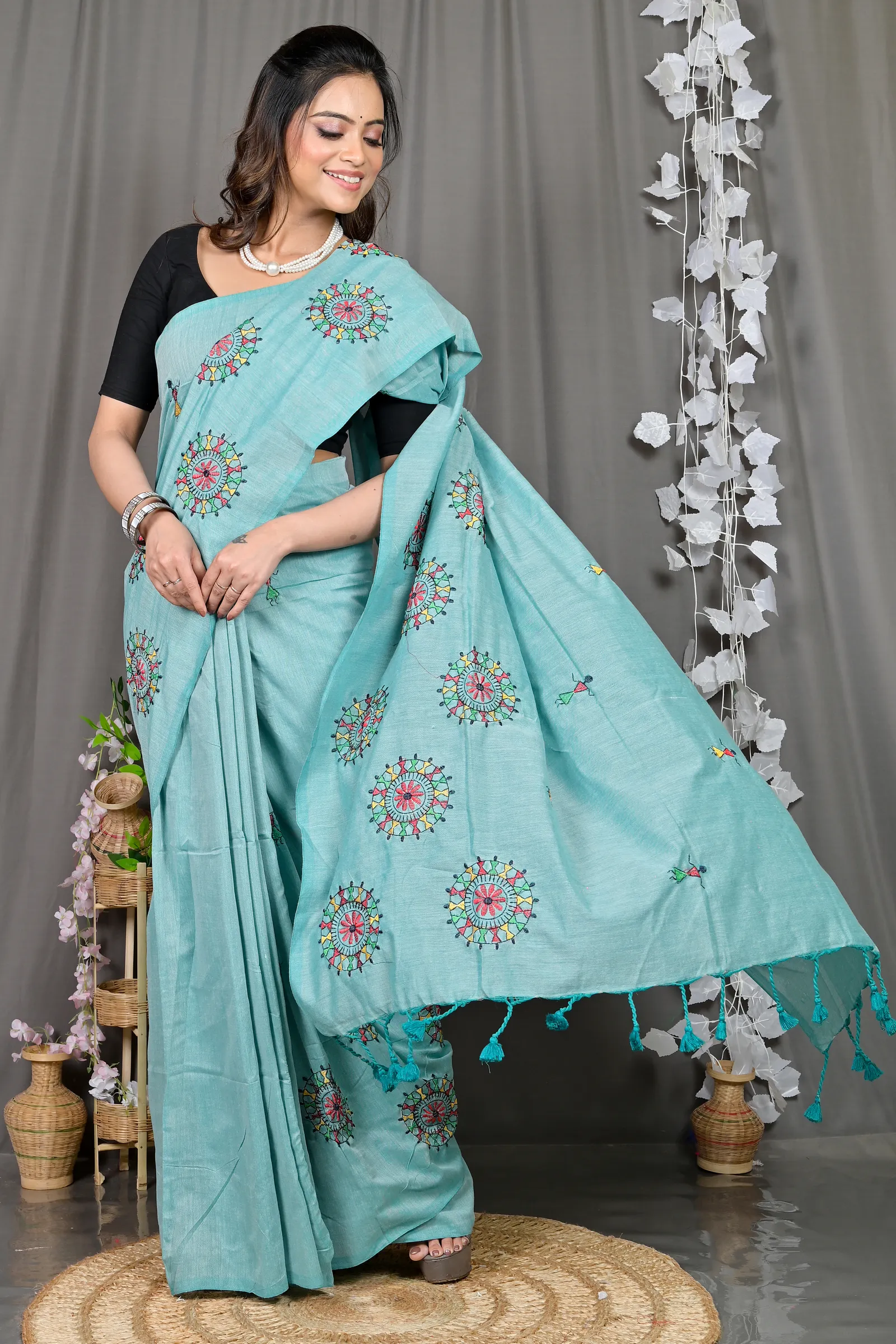 DipDiya Pure Cotton Sky Blue Parama Timeless Bengal Embroidery Handloom sarees