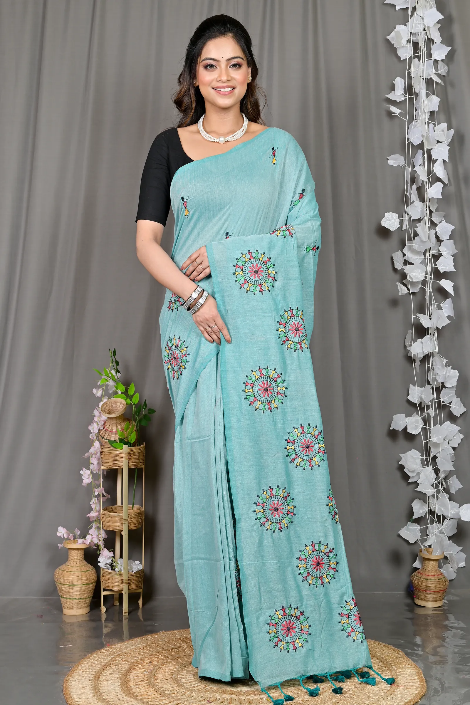 DipDiya Pure Cotton Sky Blue Parama Timeless Bengal Embroidery Handloom sarees