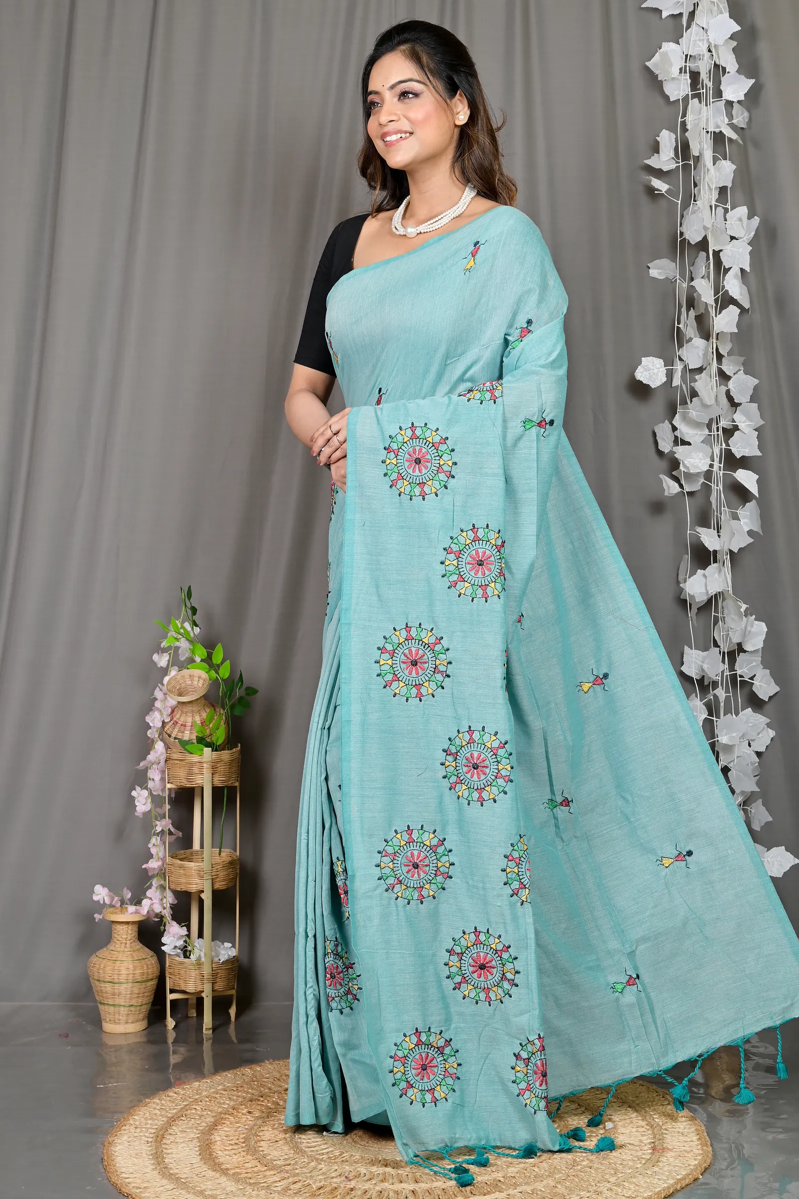 DipDiya Pure Cotton Sky Blue Parama Timeless Bengal Embroidery Handloom sarees