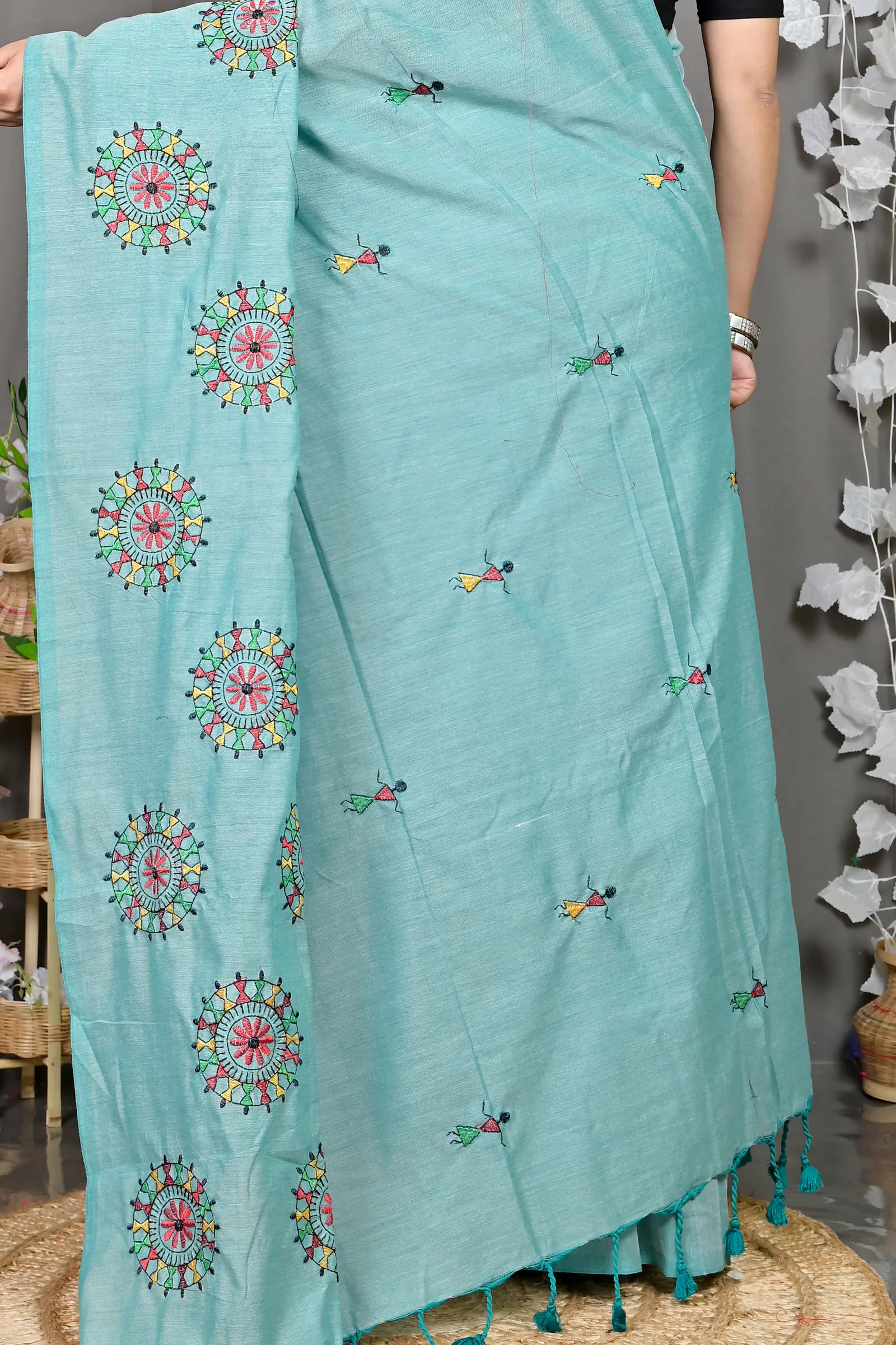 DipDiya Pure Cotton Sky Blue Parama Timeless Bengal Embroidery Handloom sarees