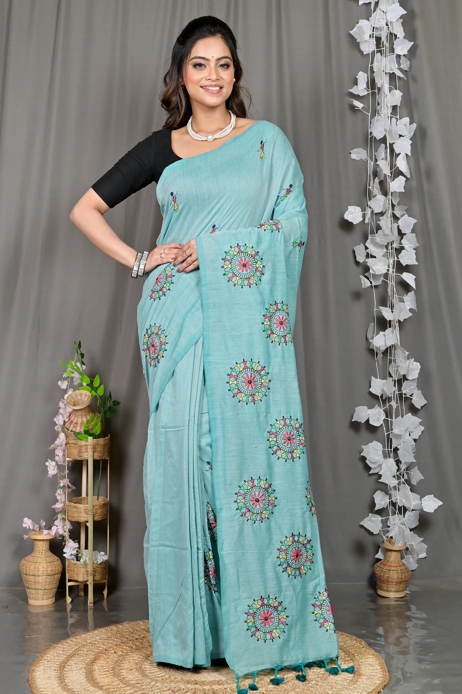 DipDiya Pure Cotton Sky Blue Parama Timeless Bengal Embroidery Handloom sarees