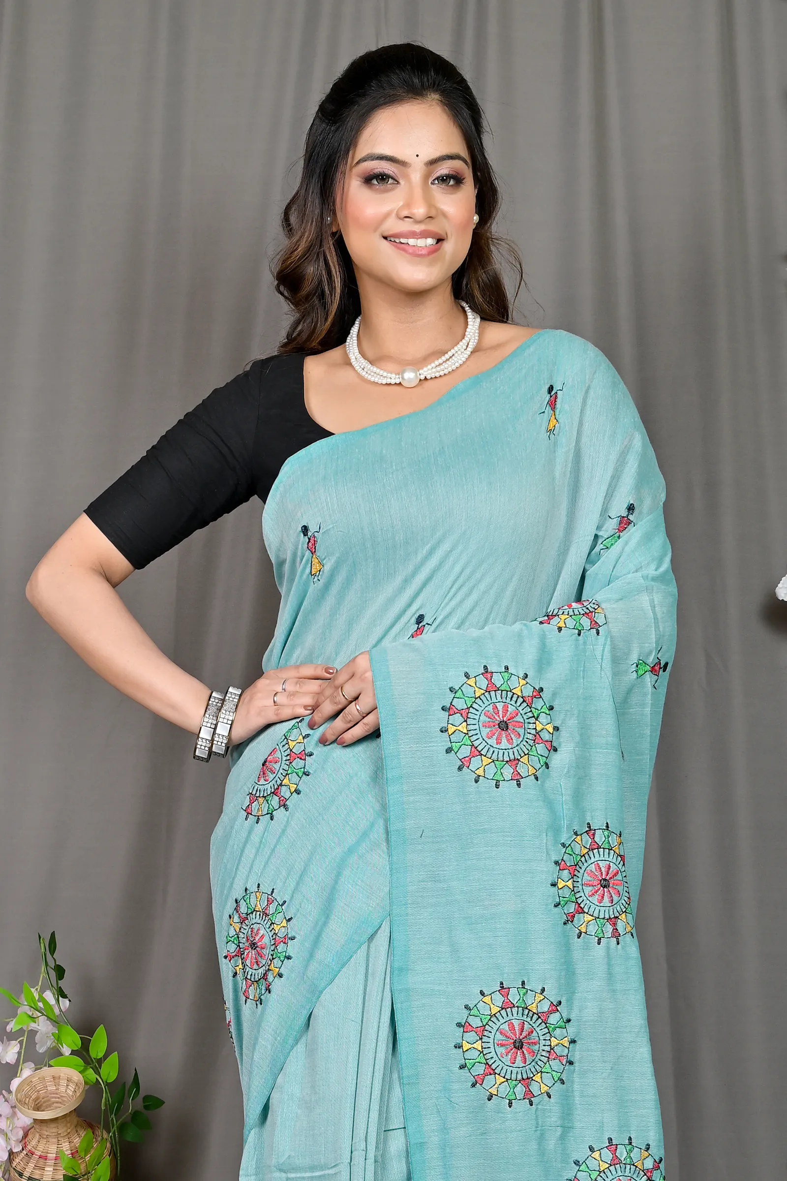 DipDiya Pure Cotton Sky Blue Parama Timeless Bengal Embroidery Handloom sarees