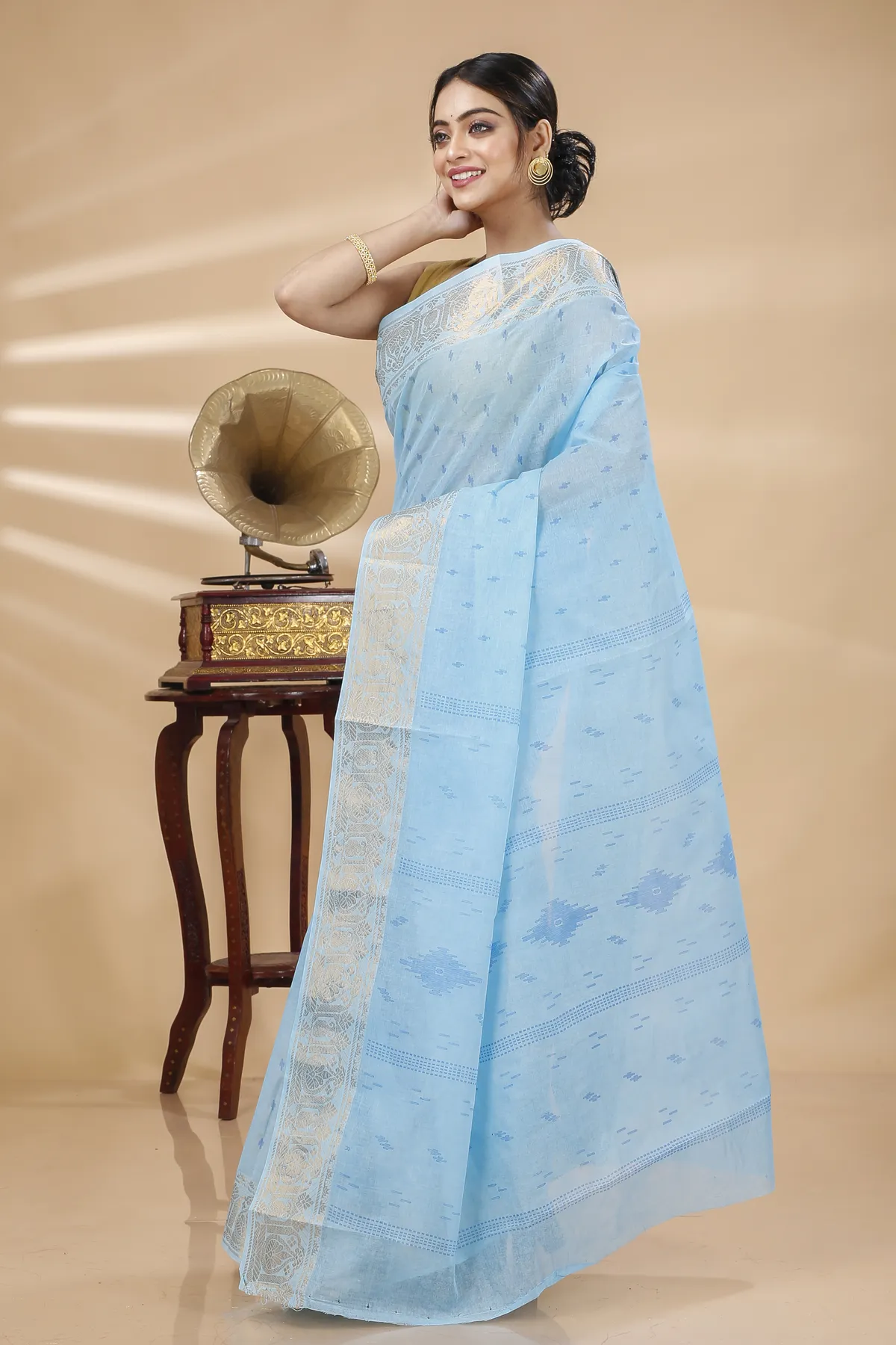 DipDiya Pure Cotton Sky Blue Purvi Essence of Bengal Printed Tant Sarees