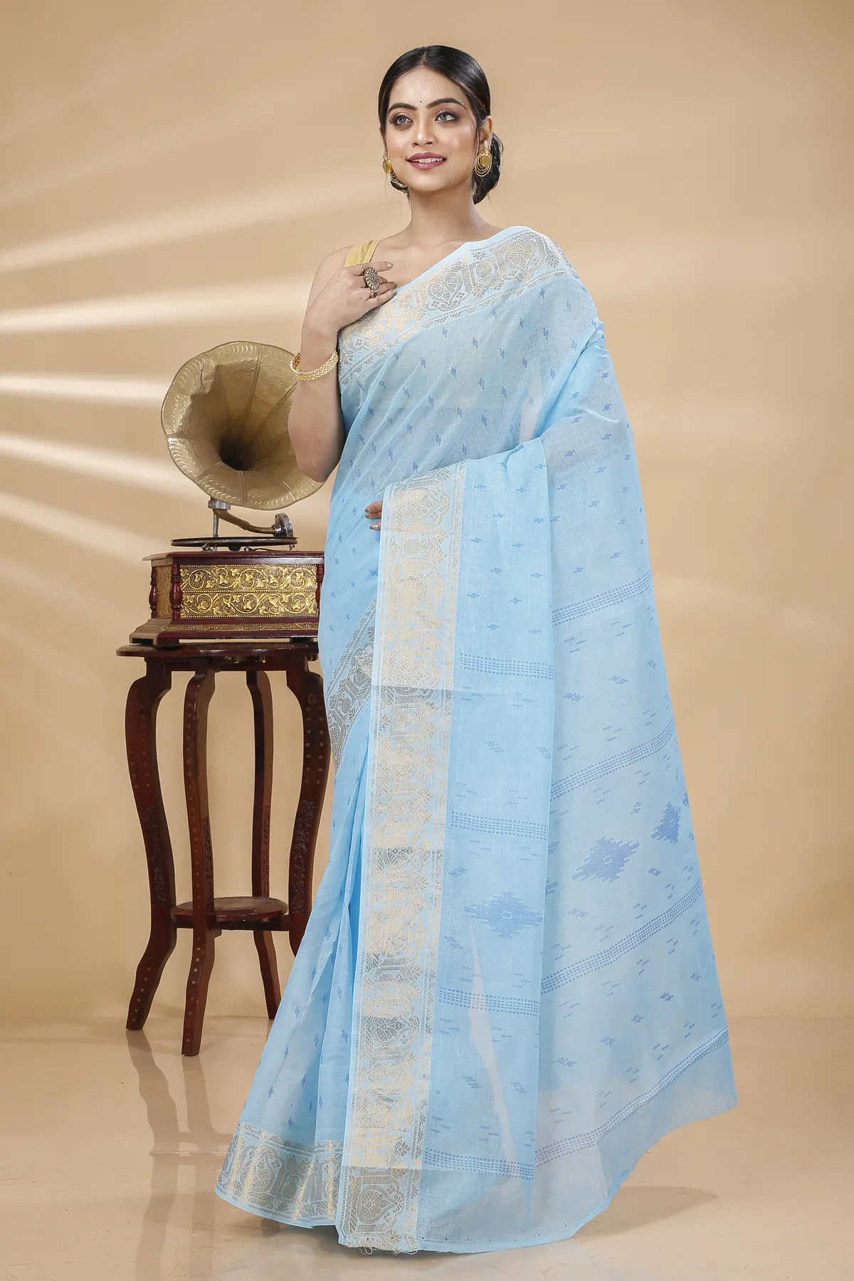DipDiya Pure Cotton Sky Blue Purvi Essence of Bengal Printed Tant Sarees