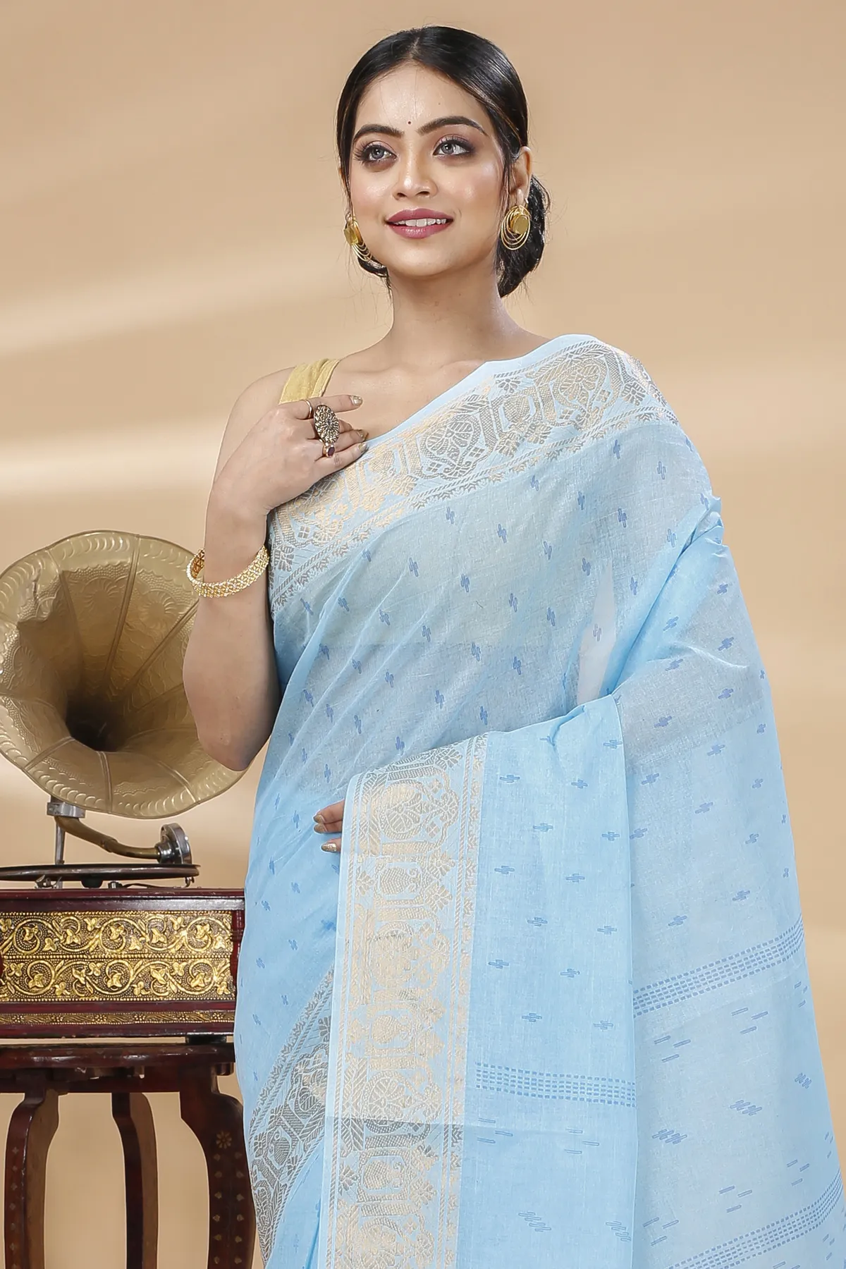 DipDiya Pure Cotton Sky Blue Purvi Essence of Bengal Printed Tant Sarees