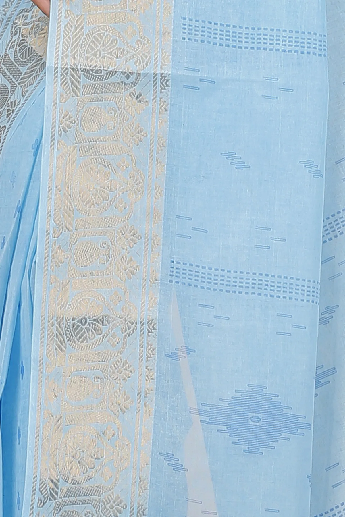 DipDiya Pure Cotton Sky Blue Purvi Essence of Bengal Printed Tant Sarees
