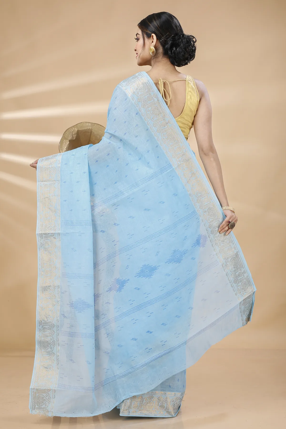 DipDiya Pure Cotton Sky Blue Purvi Essence of Bengal Printed Tant Sarees
