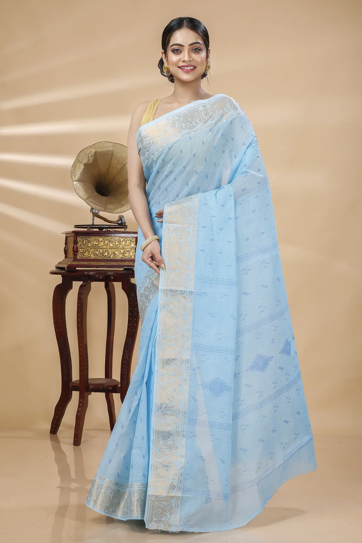 DipDiya Pure Cotton Sky Blue Purvi Essence of Bengal Printed Tant Sarees