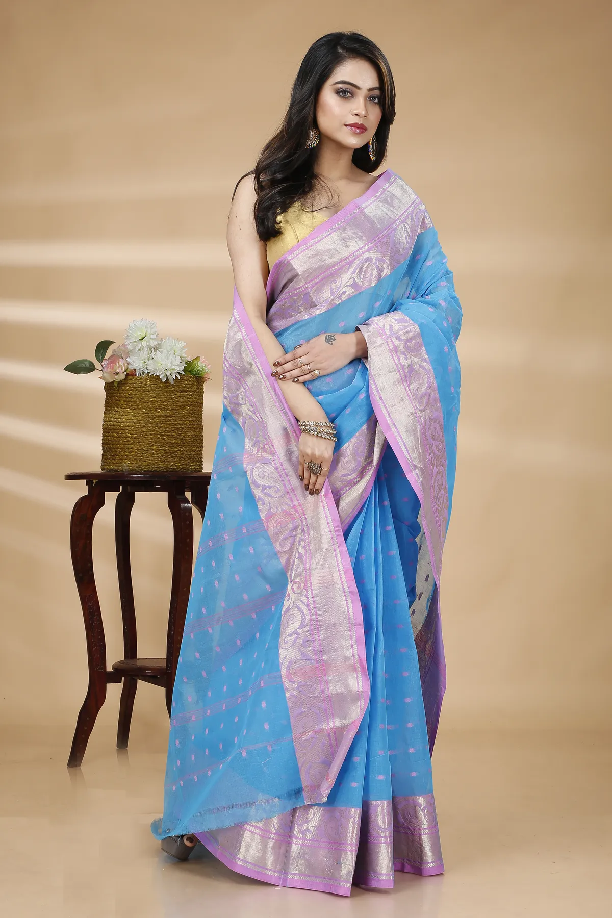 DipDiya Pure Cotton Sky Blue Sachi Bengal’s Tradition Tant Sarees