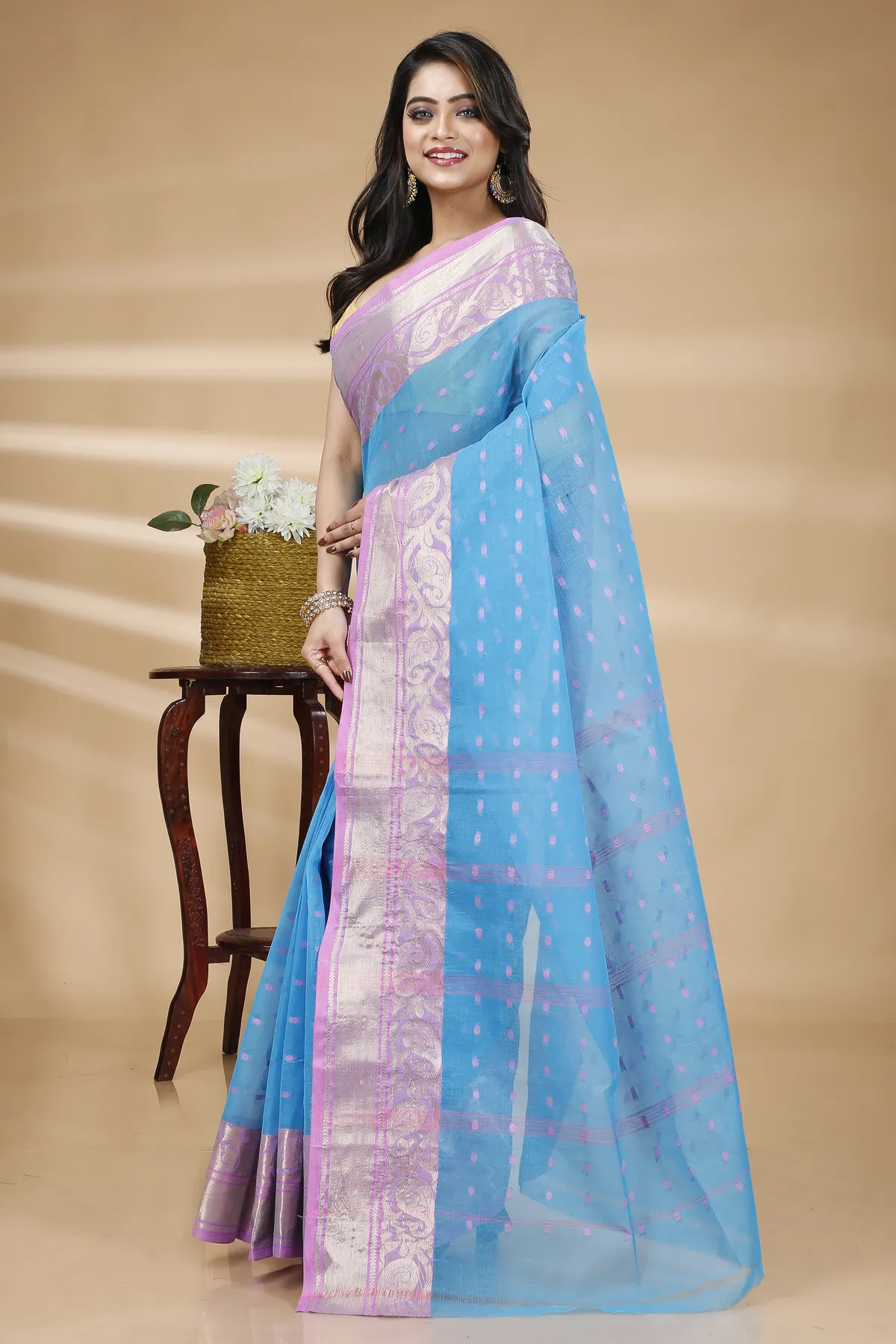 DipDiya Pure Cotton Sky Blue Sachi Bengal’s Tradition Tant Sarees