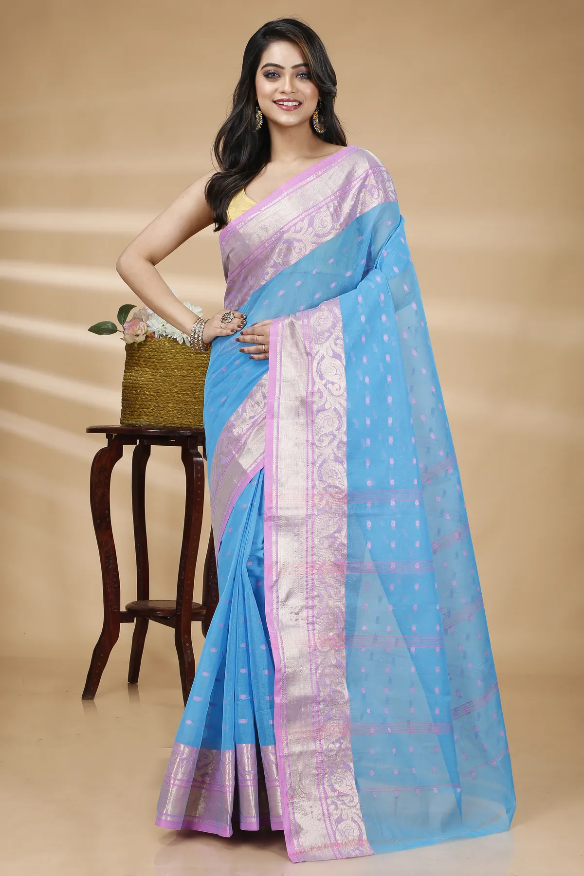 DipDiya Pure Cotton Sky Blue Sachi Bengal’s Tradition Tant Sarees