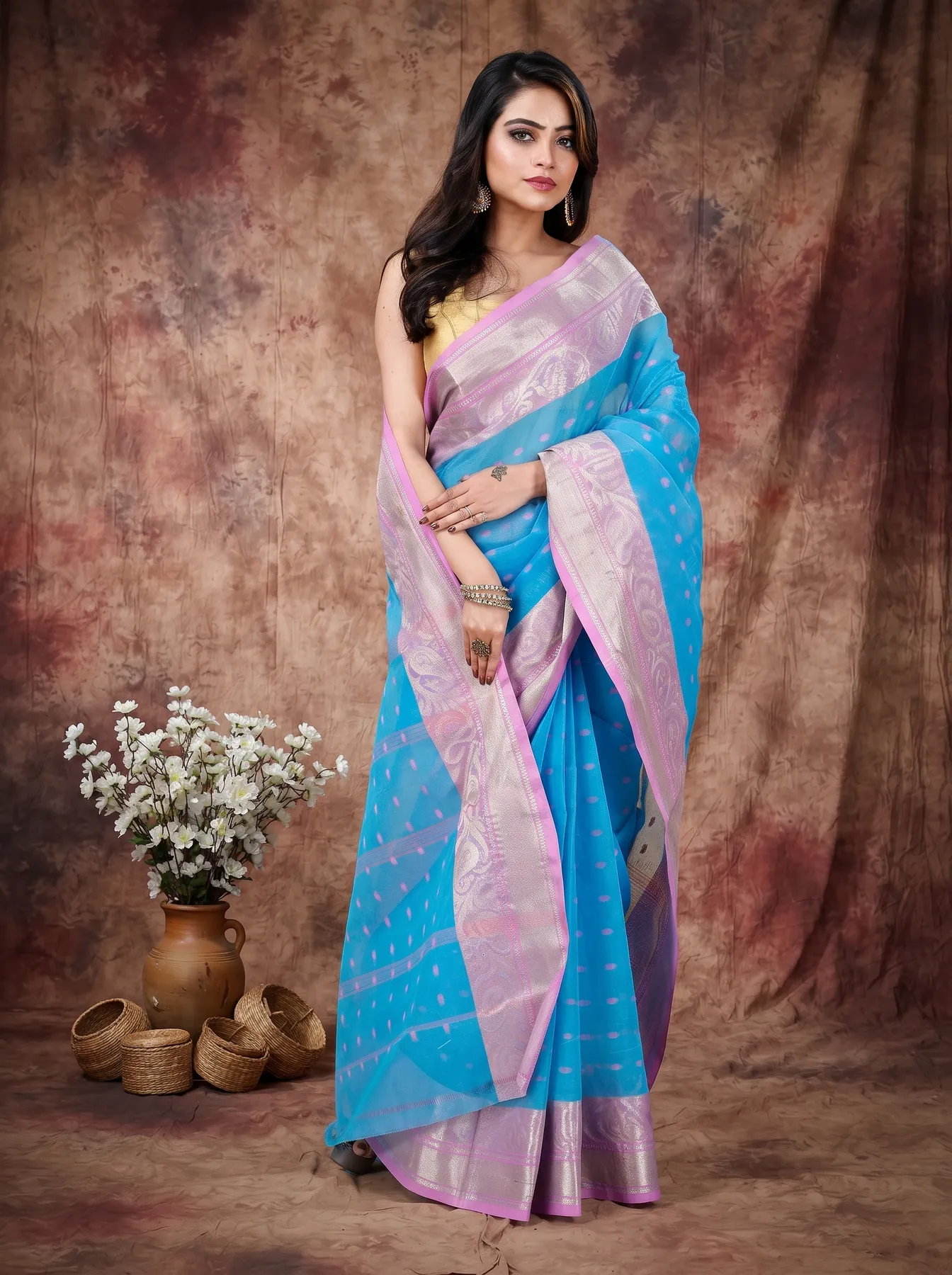 DipDiya Pure Cotton Sky Blue Sachi Bengal’s Tradition Tant Sarees