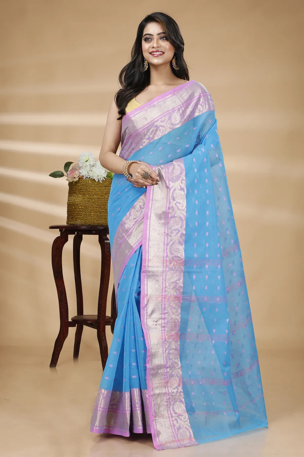 DipDiya Pure Cotton Sky Blue Sachi Bengal’s Tradition Tant Sarees