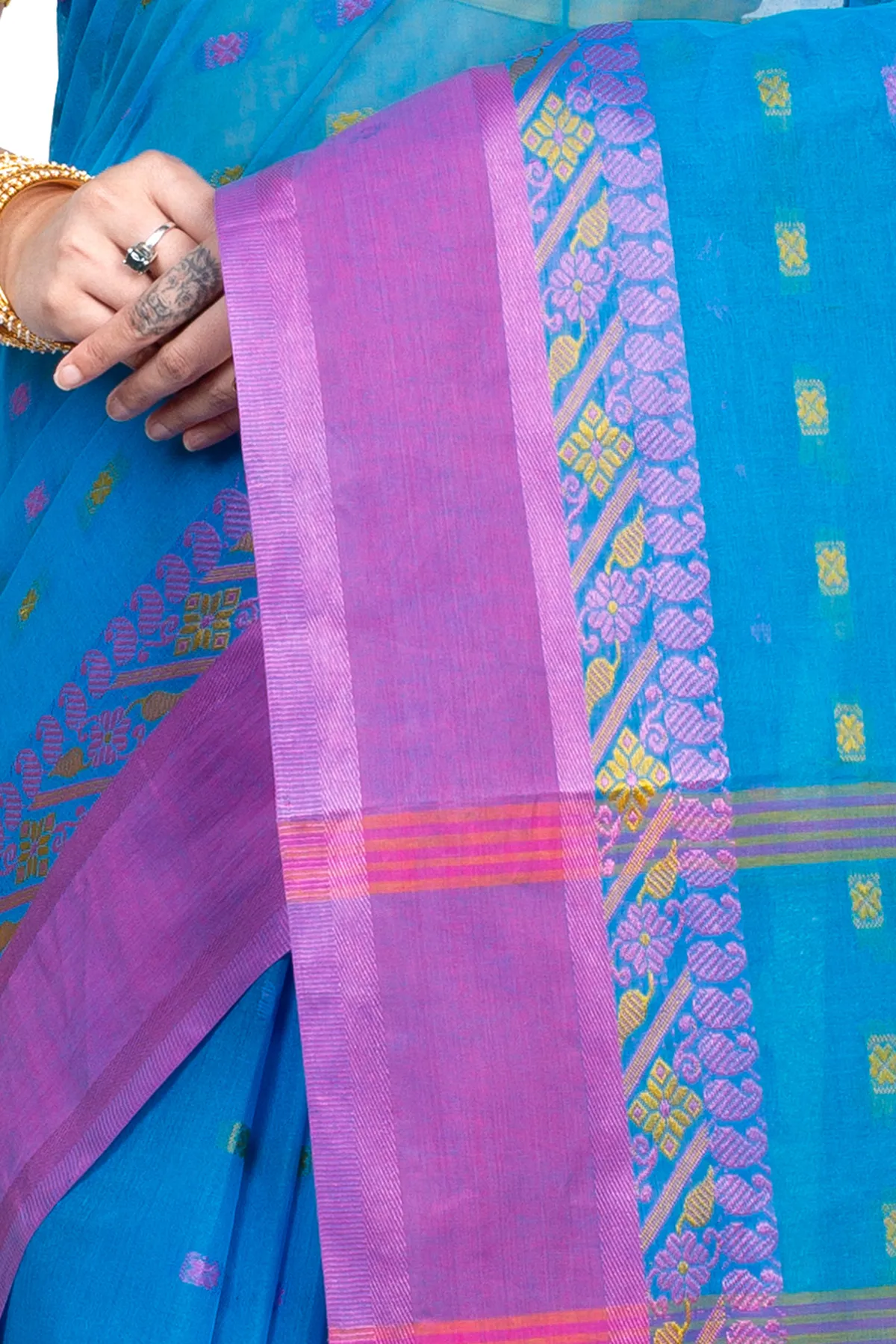 DipDiya Pure Cotton Sky Blue ToraPar Bengal’s Legacy Tant Sarees