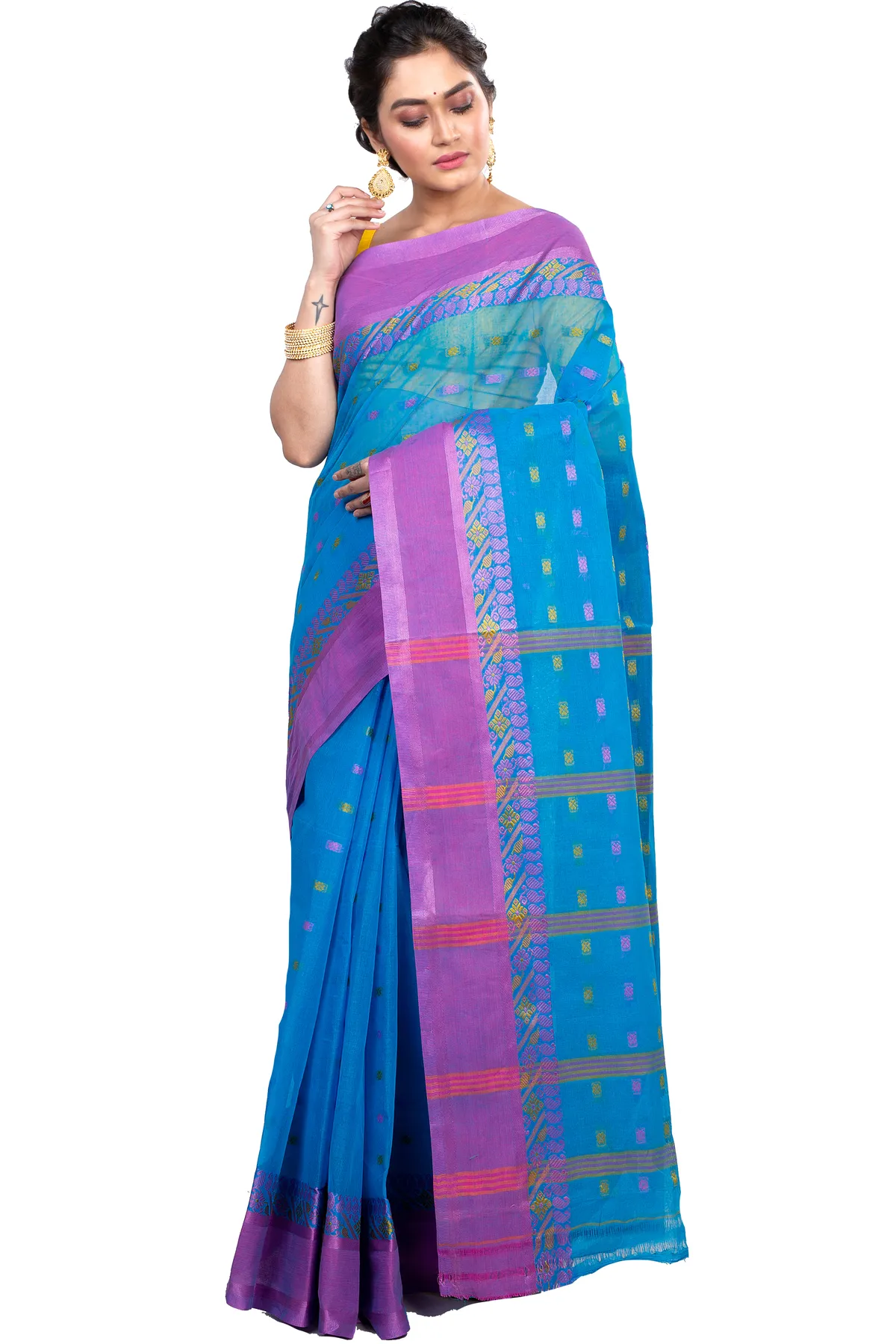 DipDiya Pure Cotton Sky Blue ToraPar Bengal’s Legacy Tant Sarees