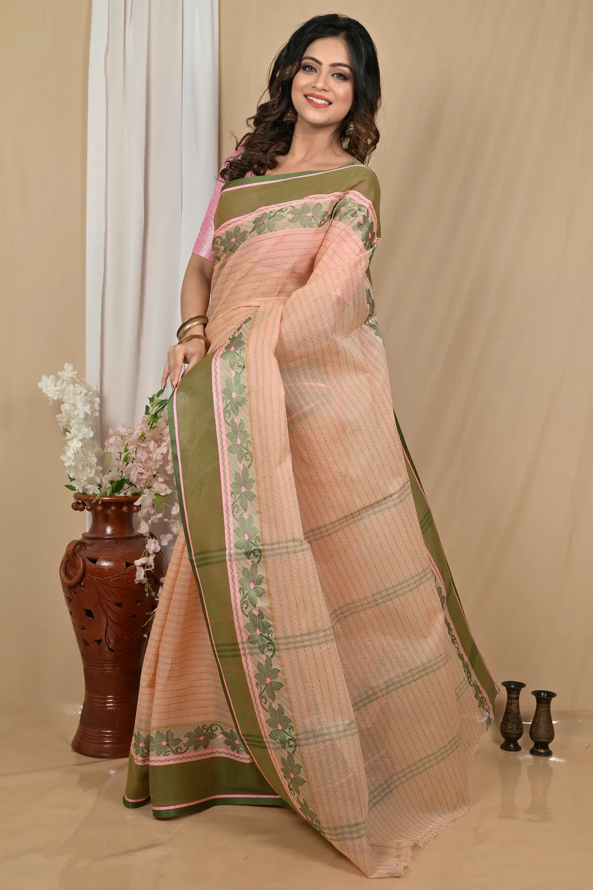 DipDiya Pure Cotton Soft Peach Achpan Regal Bengali Tant Sarees