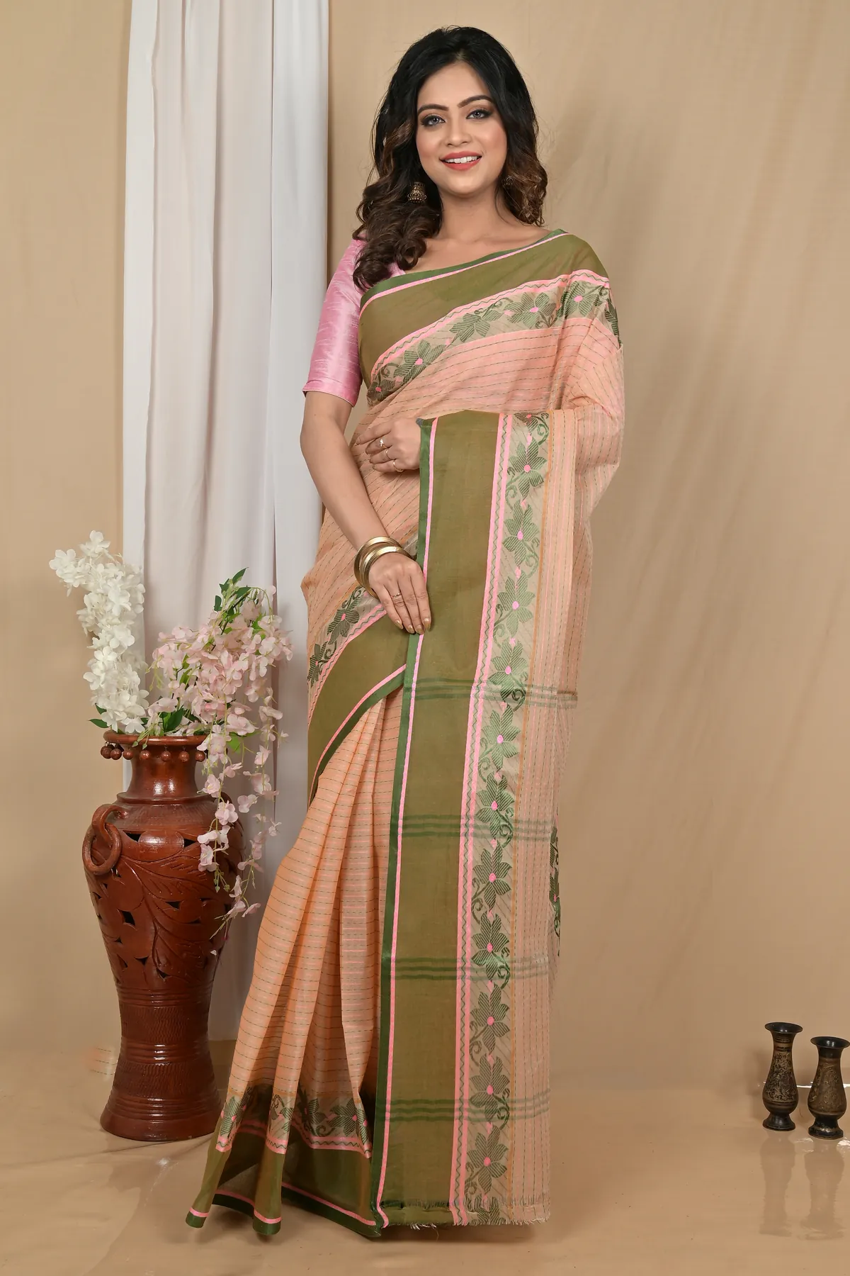 DipDiya Pure Cotton Soft Peach Achpan Regal Bengali Tant Sarees