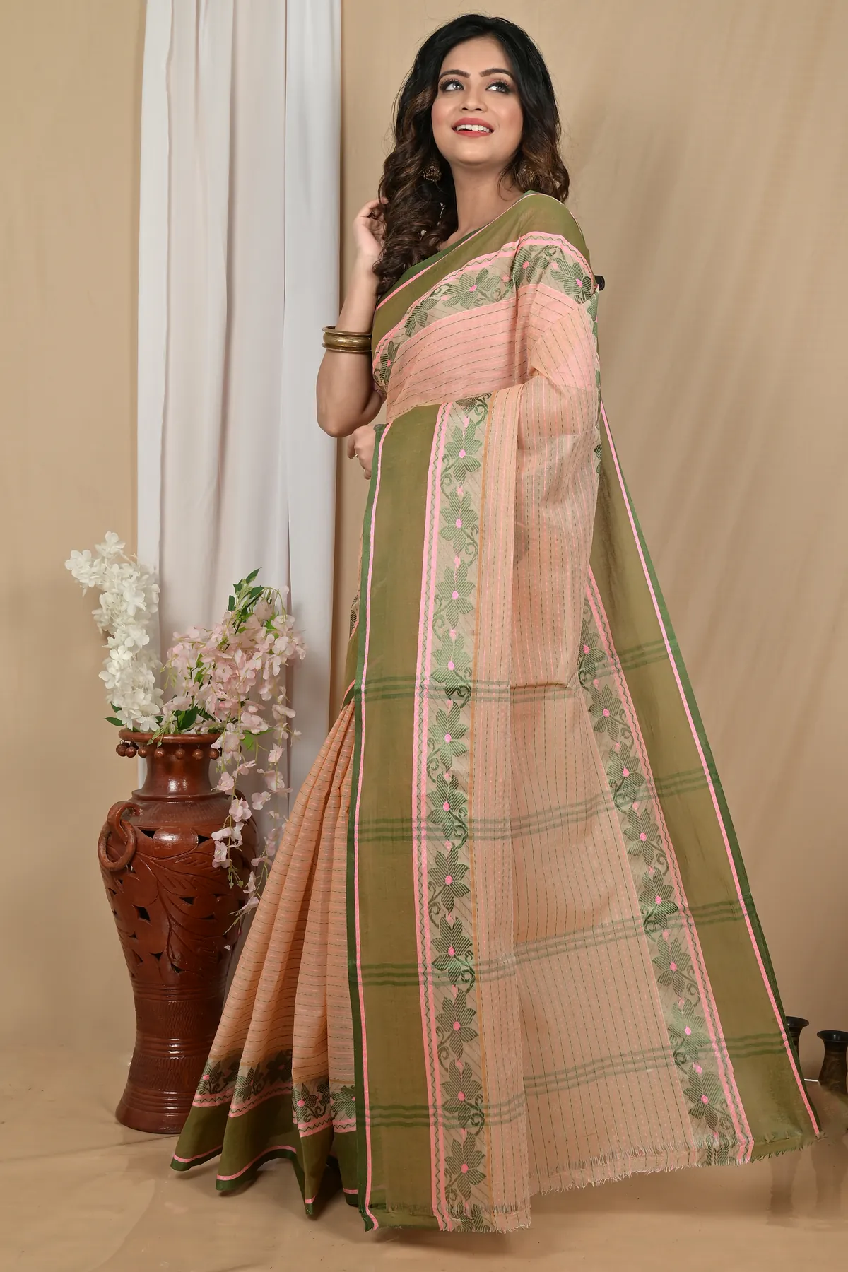 DipDiya Pure Cotton Soft Peach Achpan Regal Bengali Tant Sarees