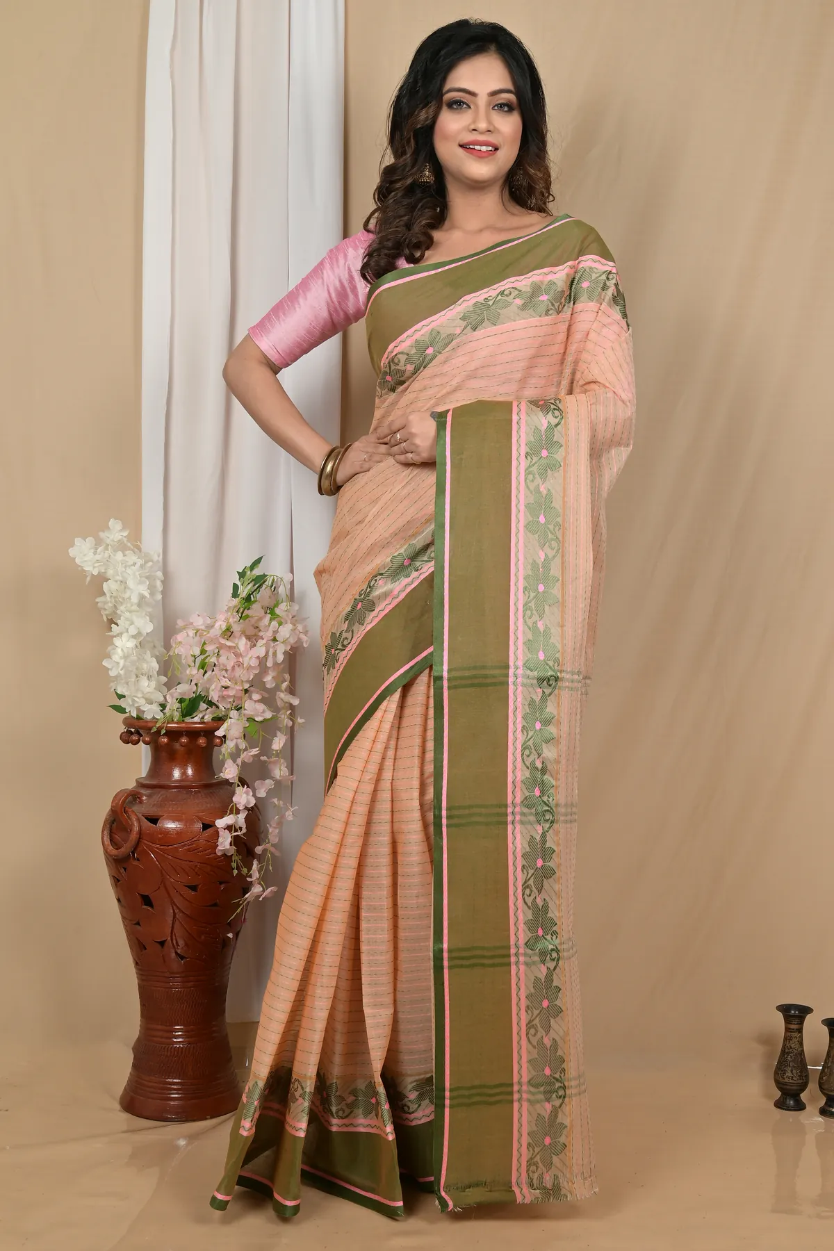 DipDiya Pure Cotton Soft Peach Achpan Regal Bengali Tant Sarees