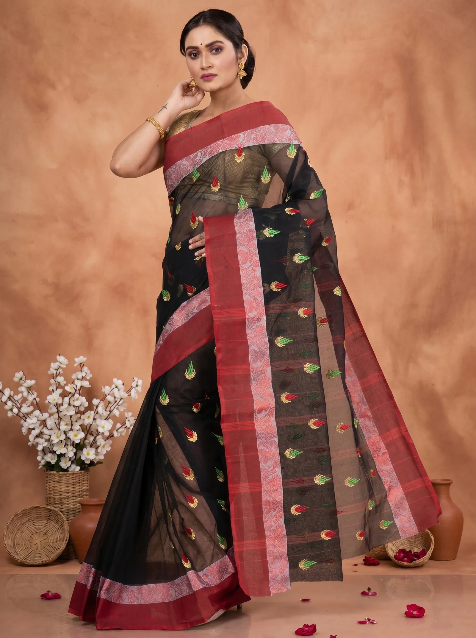 DipDiya Pure Cotton  Traditional Bengali Black Artisan Crafted Dip Embro Embroidery Tant Saree