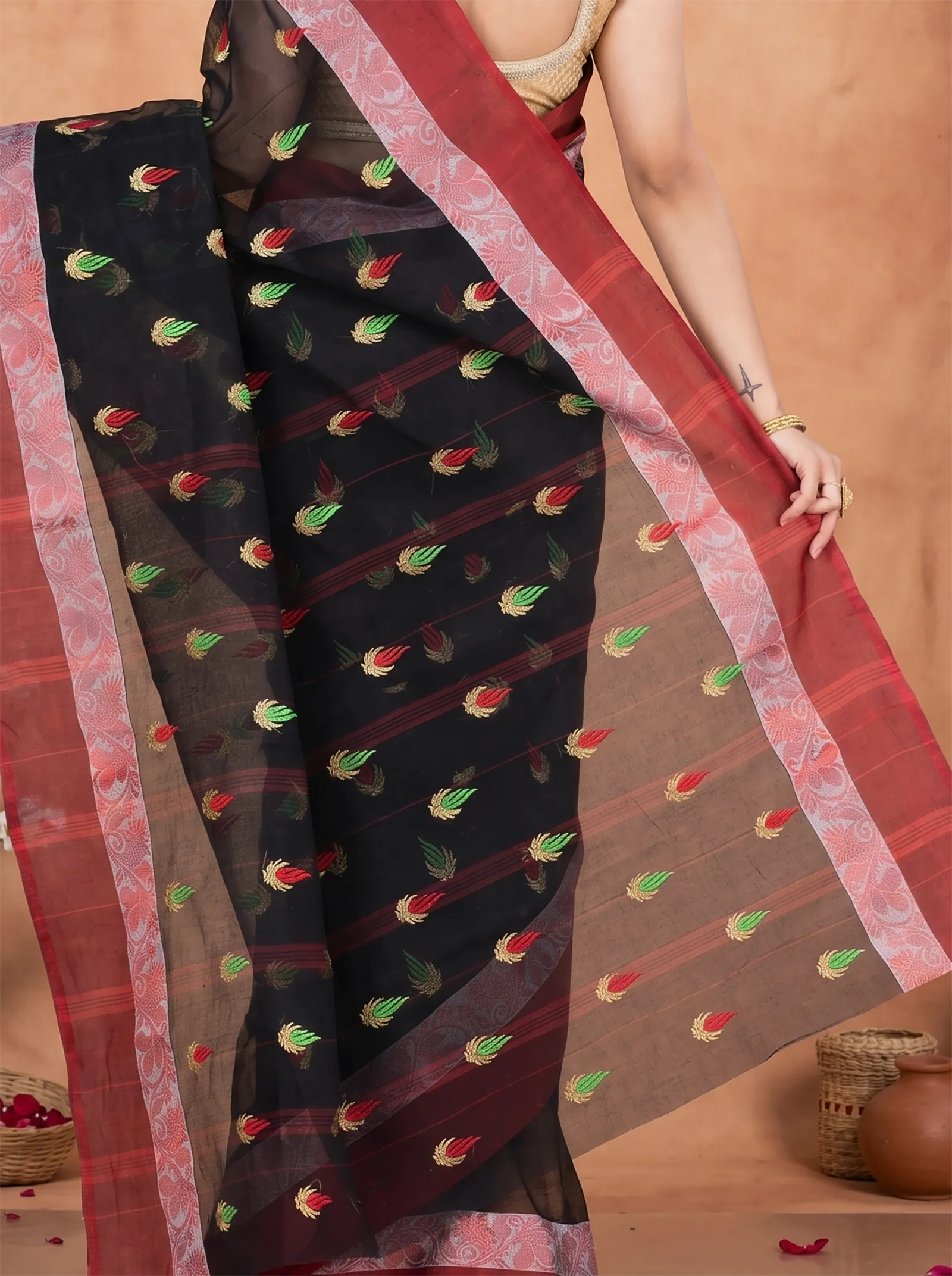 DipDiya Pure Cotton  Traditional Bengali Black Artisan Crafted Dip Embro Embroidery Tant Saree