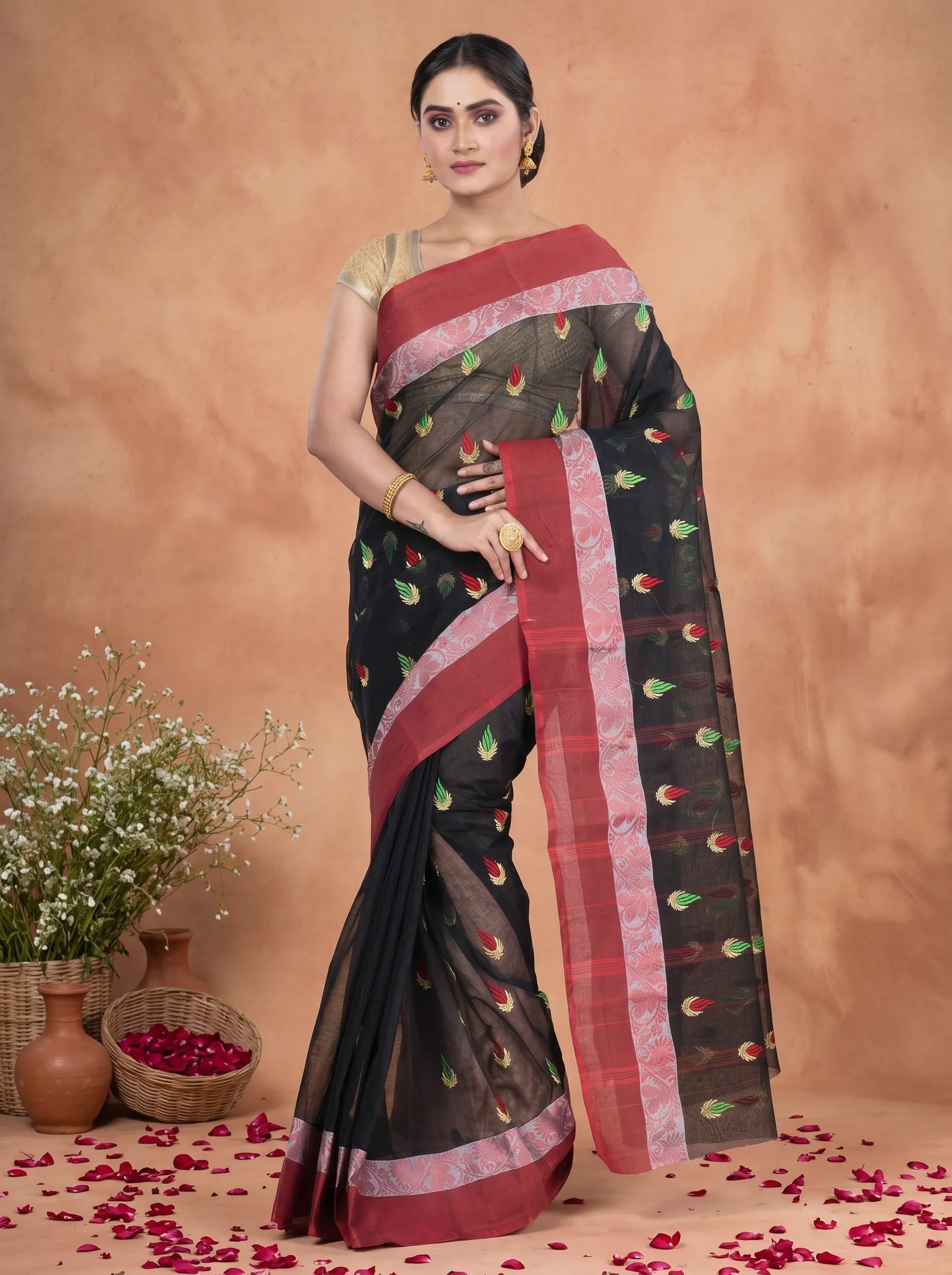 DipDiya Pure Cotton  Traditional Bengali Black Artisan Crafted Dip Embro Embroidery Tant Saree