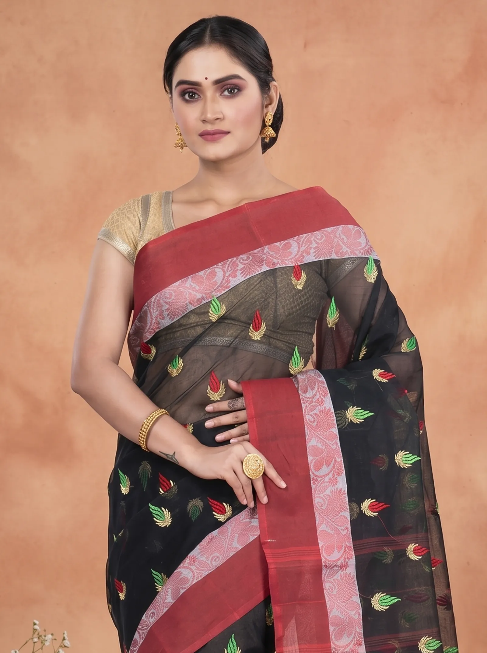 DipDiya Pure Cotton  Traditional Bengali Black Artisan Crafted Dip Embro Embroidery Tant Saree