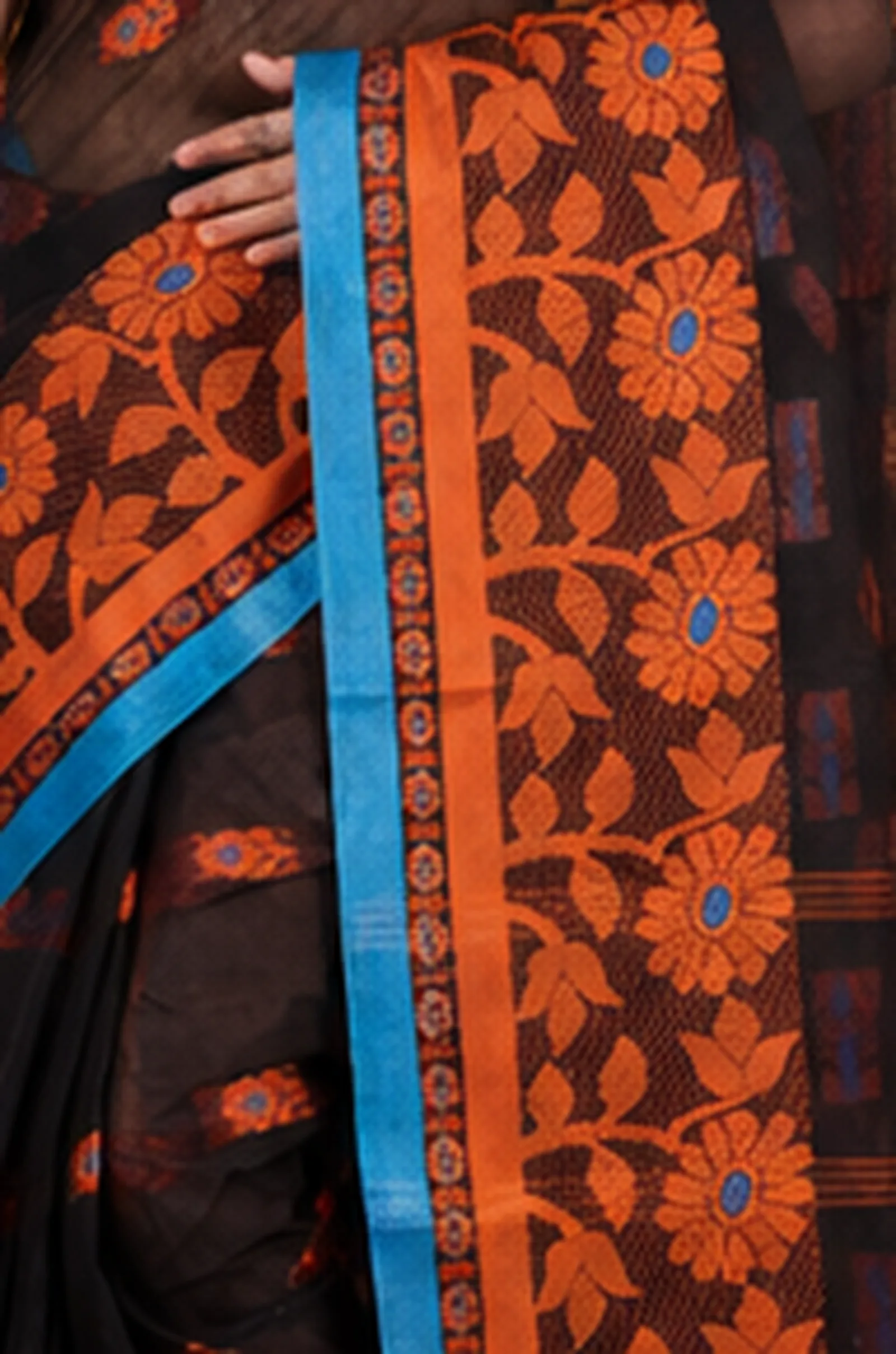 DipDiya Pure Cotton  Traditional Bengali Black Artisan Crafted Fultop Tant Tant Saree