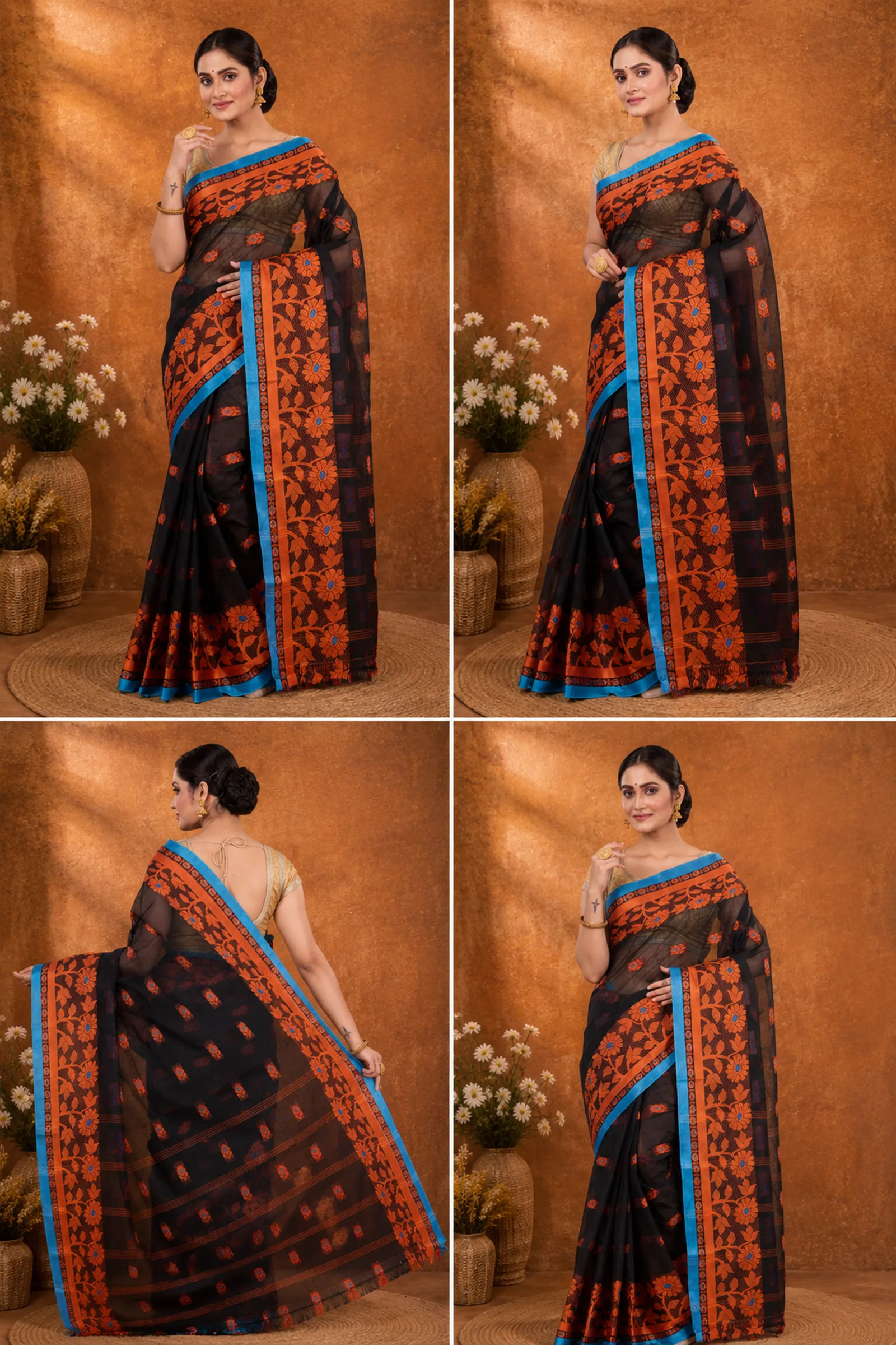 DipDiya Pure Cotton  Traditional Bengali Black Artisan Crafted Fultop Tant Tant Saree