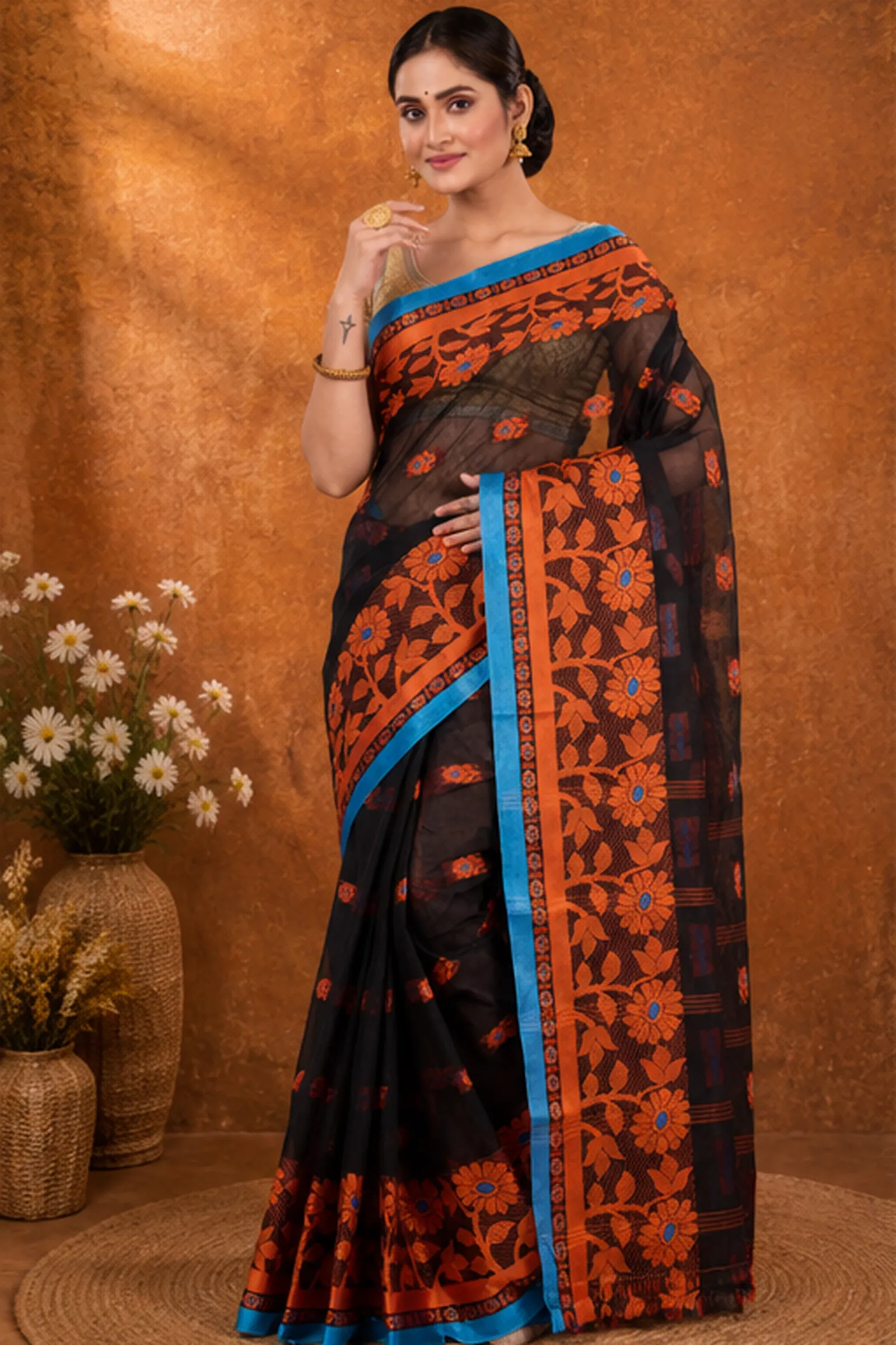 DipDiya Pure Cotton  Traditional Bengali Black Artisan Crafted Fultop Tant Tant Saree