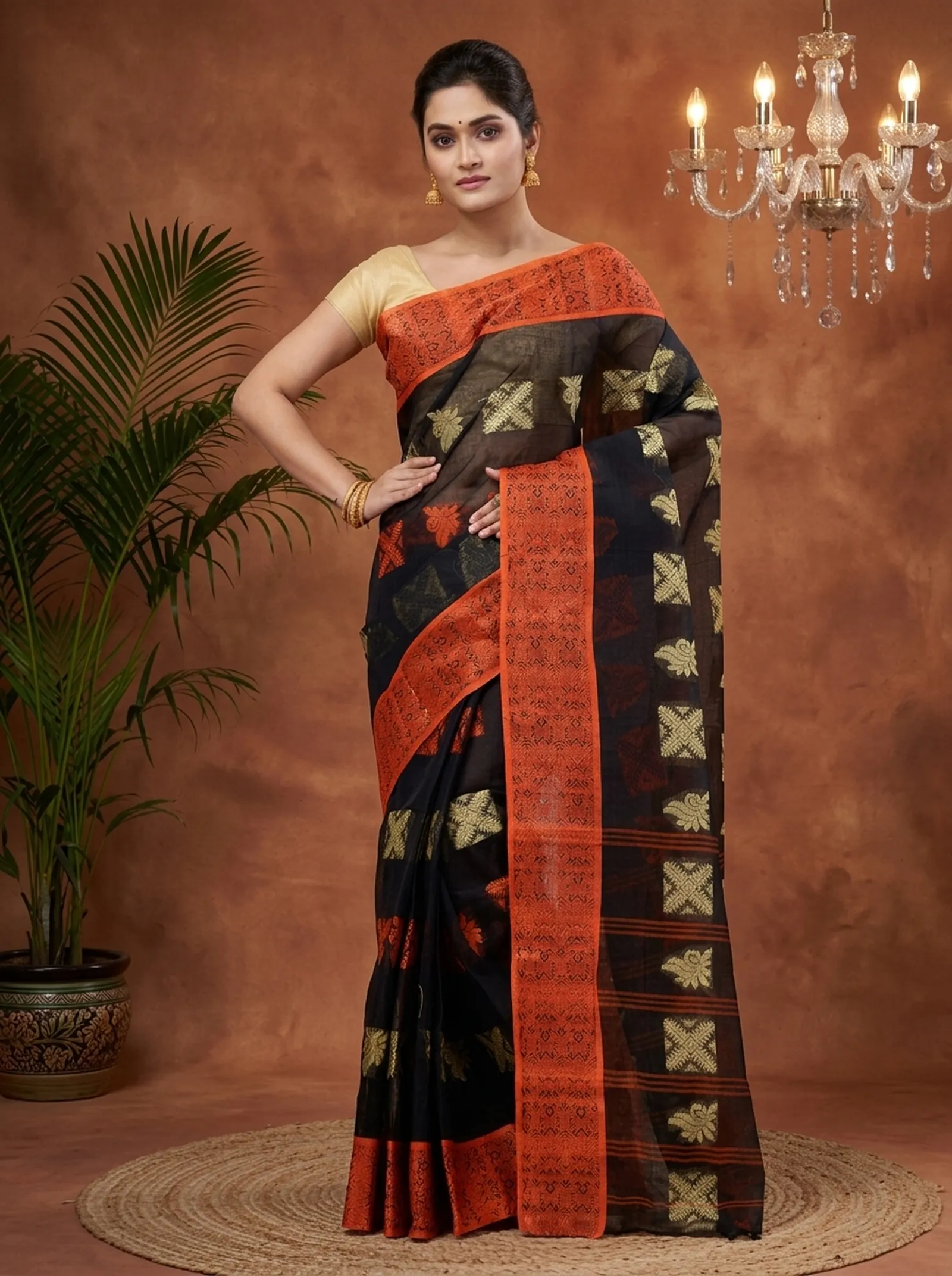 DipDiya Pure Cotton  Traditional Bengali Black Artisan Crafted Suparna Buti Tant Saree