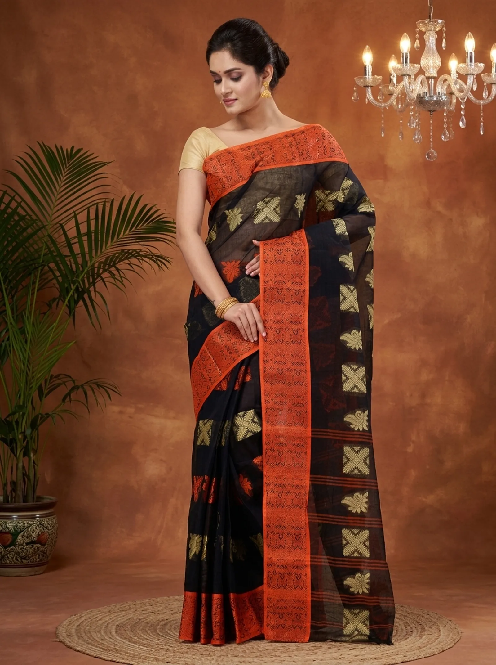 DipDiya Pure Cotton  Traditional Bengali Black Artisan Crafted Suparna Buti Tant Saree