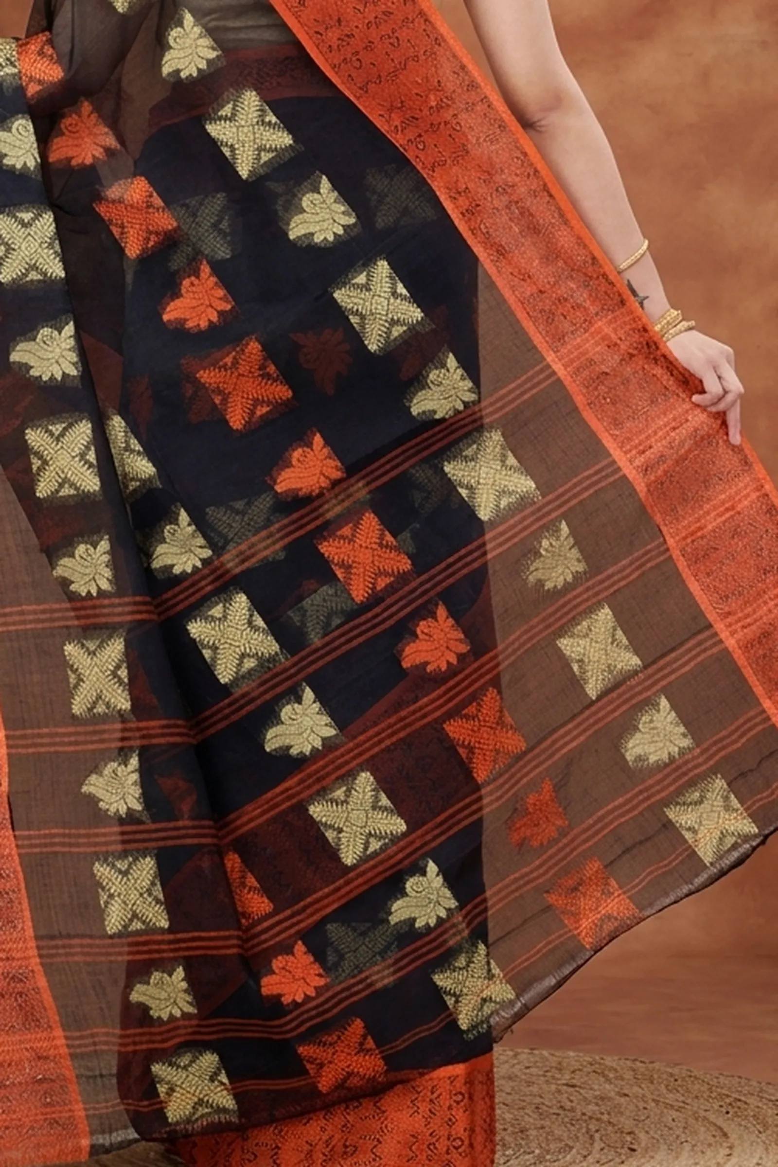 DipDiya Pure Cotton  Traditional Bengali Black Artisan Crafted Suparna Buti Tant Saree