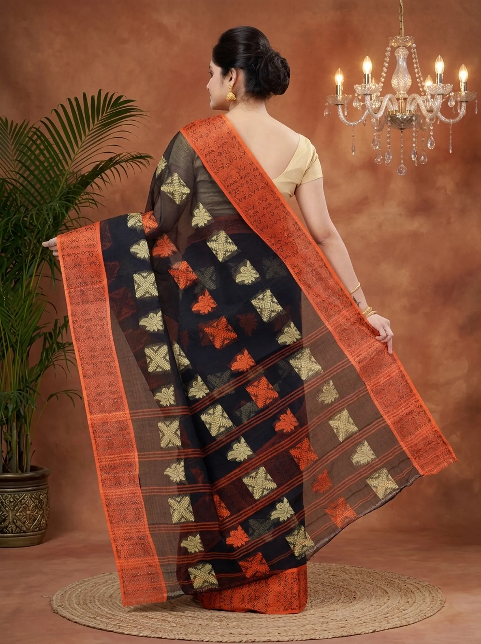 DipDiya Pure Cotton  Traditional Bengali Black Artisan Crafted Suparna Buti Tant Saree