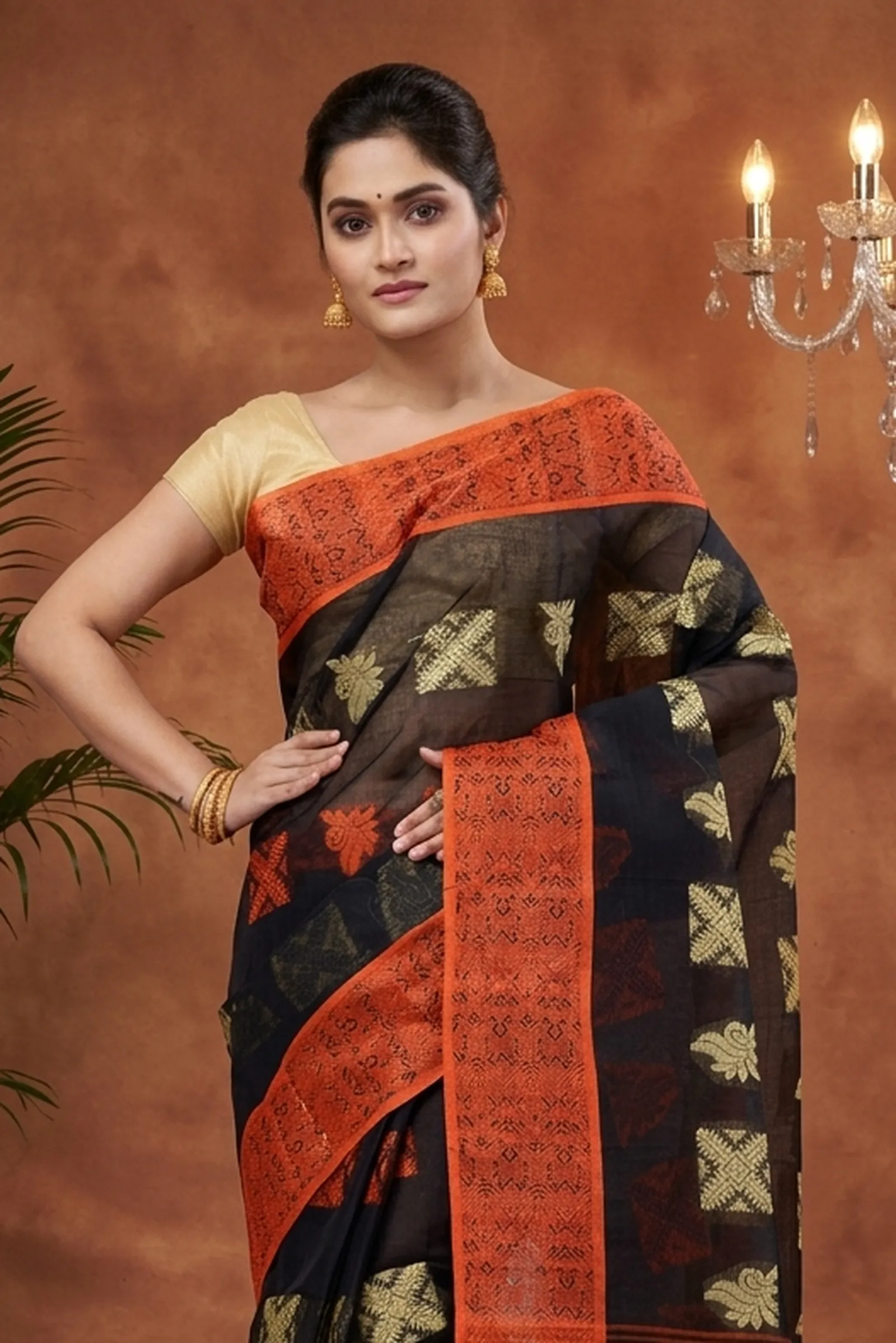 DipDiya Pure Cotton  Traditional Bengali Black Artisan Crafted Suparna Buti Tant Saree