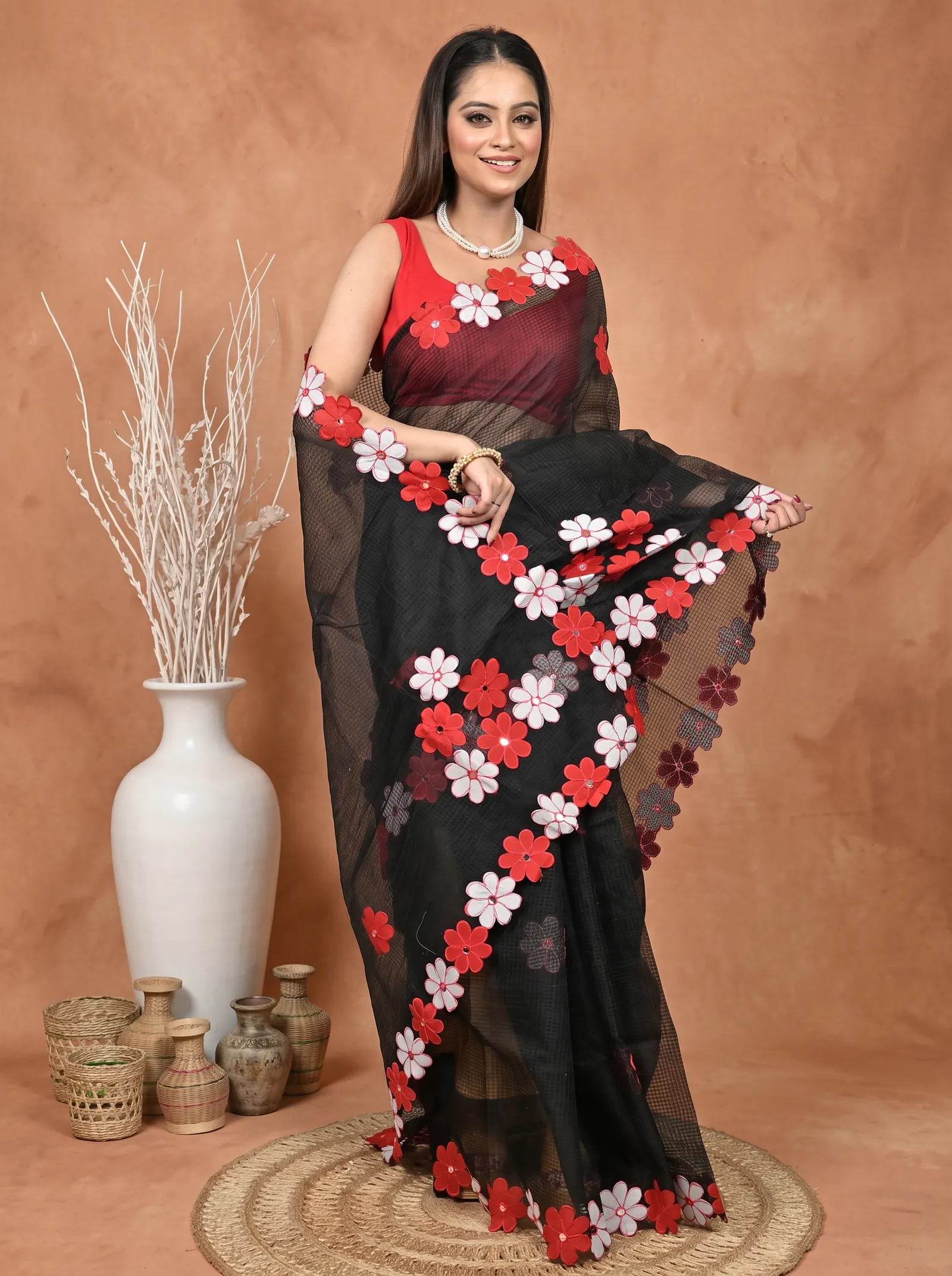 DipDiya Pure Cotton  Traditional Bengali Black Red Artisan Crafted Kotaplik Kota Applique Saree