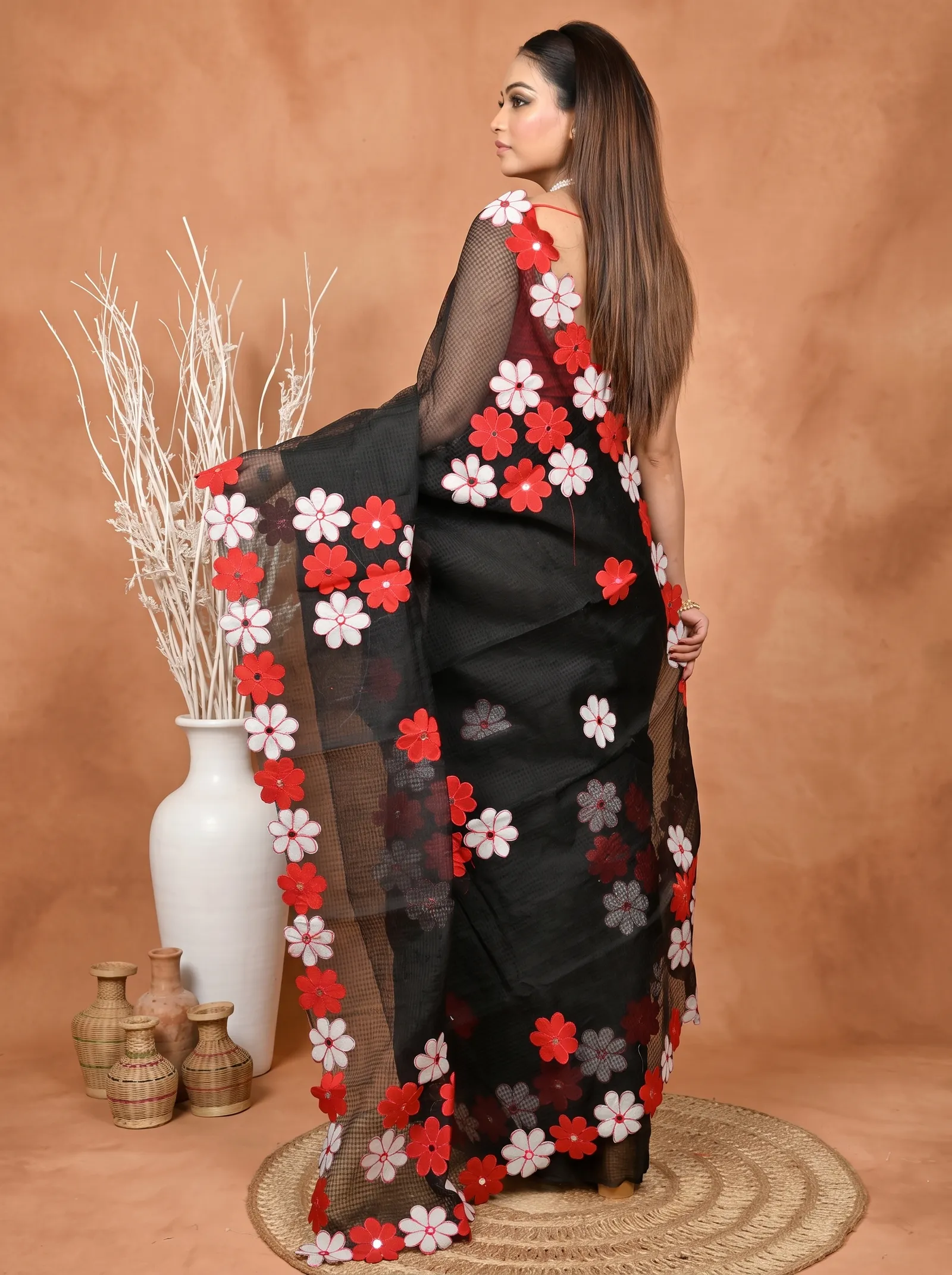 DipDiya Pure Cotton  Traditional Bengali Black Red Artisan Crafted Kotaplik Kota Applique Saree