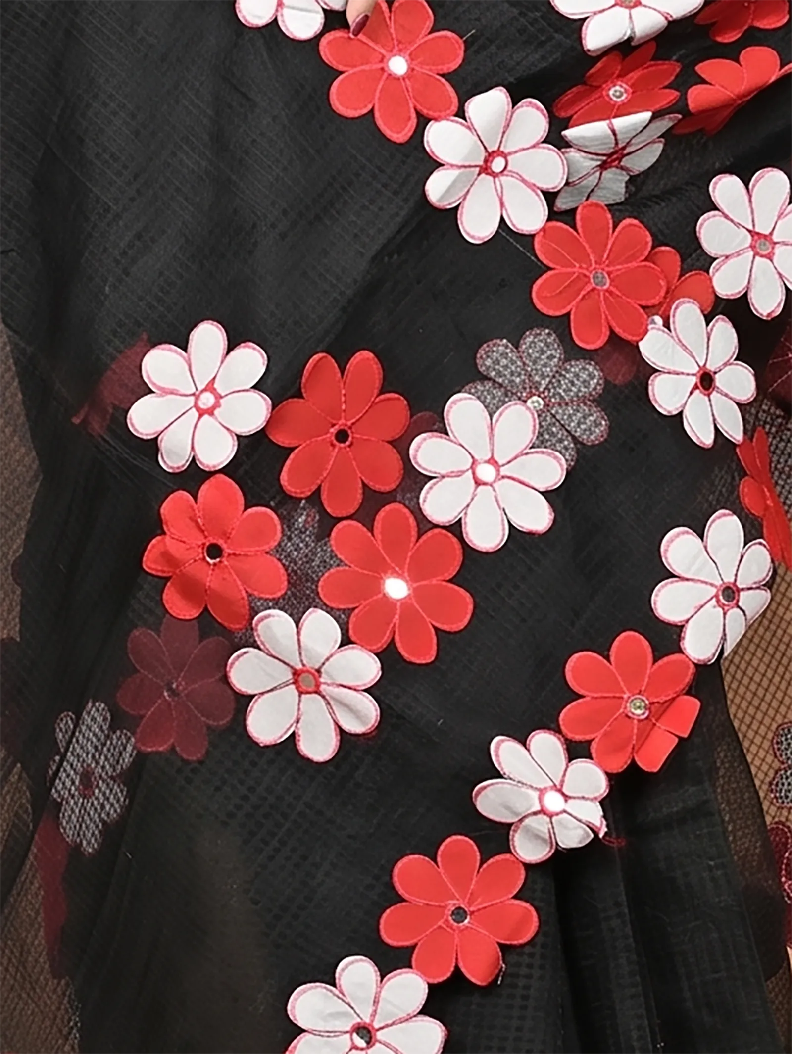 DipDiya Pure Cotton  Traditional Bengali Black Red Artisan Crafted Kotaplik Kota Applique Saree