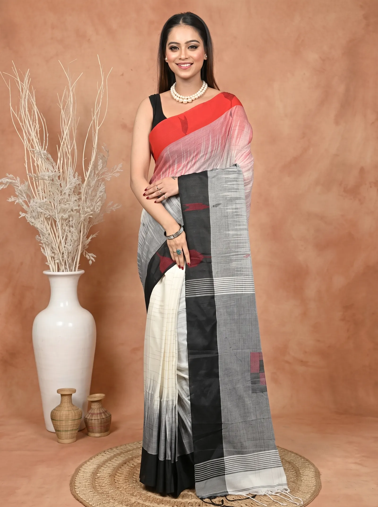 DipDiya Pure Cotton  Traditional Bengali Black Red Artisan Crafted Soumon Kotki Saree